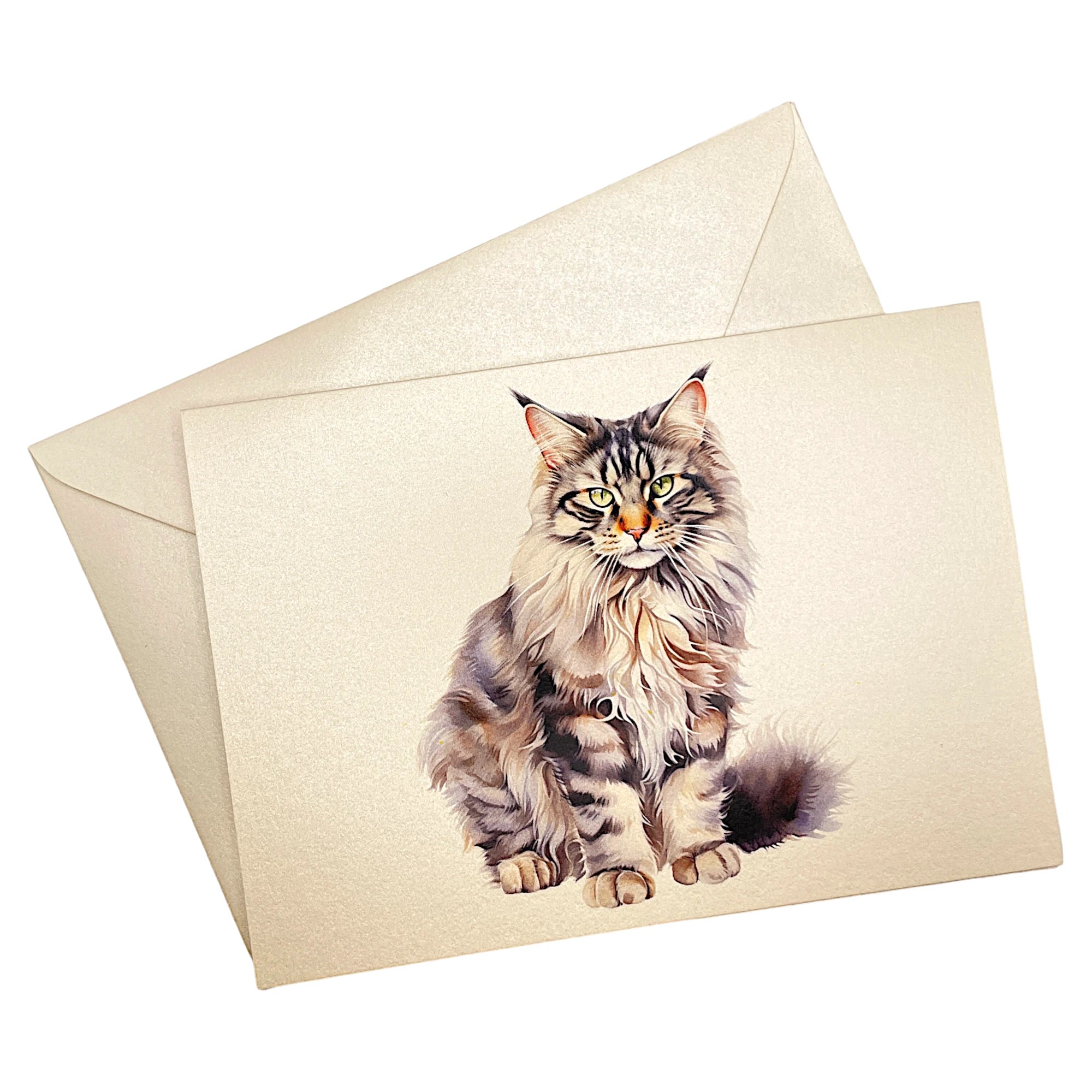 Klappkarte mit Maine Coon auf passendem Umschlag aus Perlglanzpapier