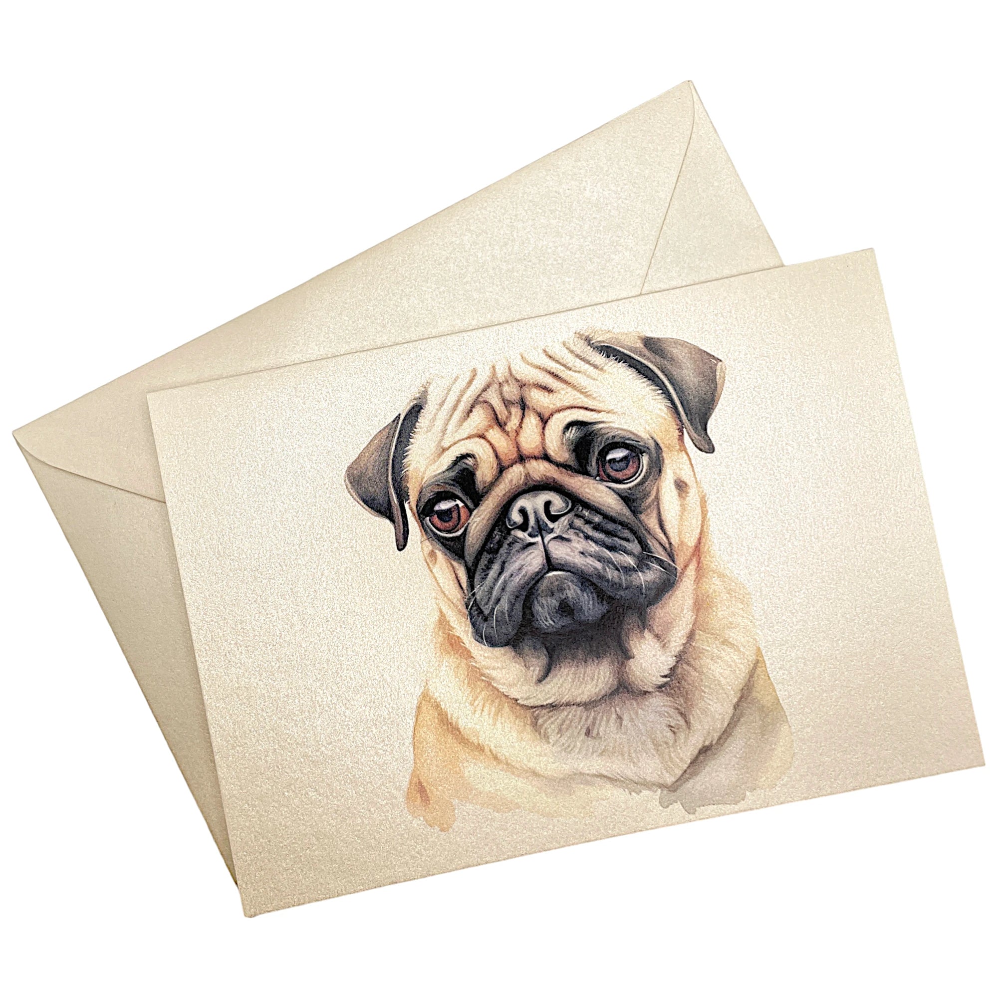 Klappkarte mit Mops auf passendem Umschlag aus Perlglanzpapier