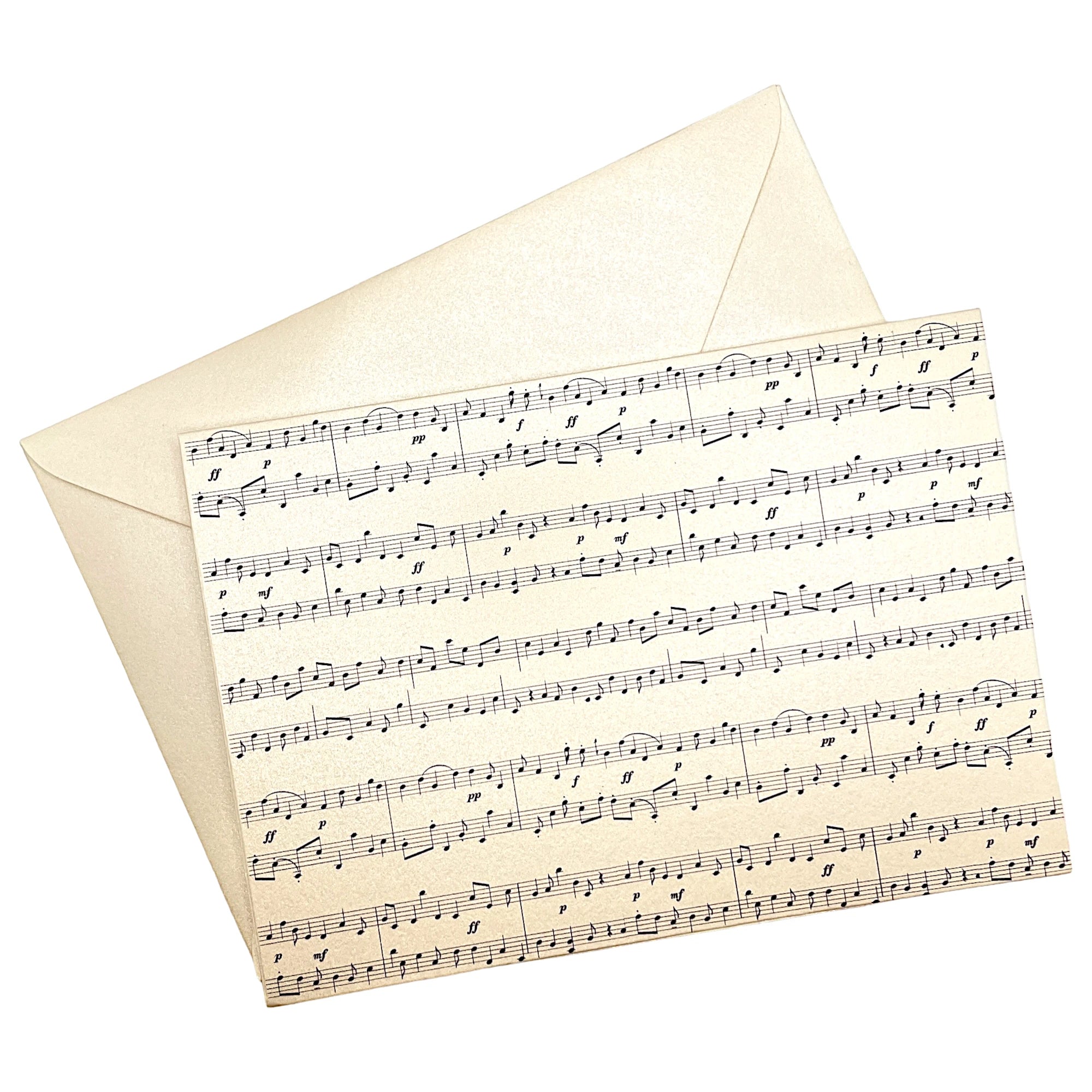 Klappkarte mit stilvollem Notenmotiv auf passendem Umschlag aus Perlglanzpapier