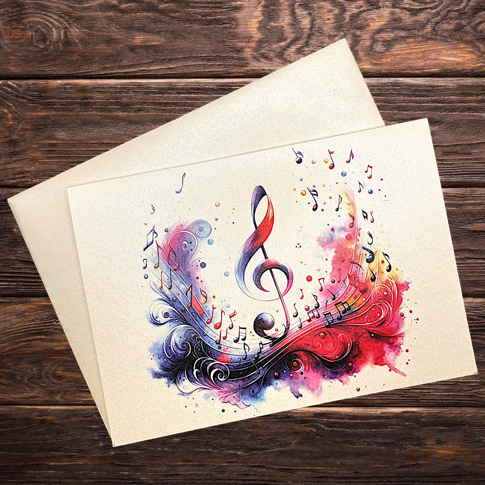 Musik-Klappkarte mit buntem Notenschlüssel, präsentiert auf rustikalem Holztisch