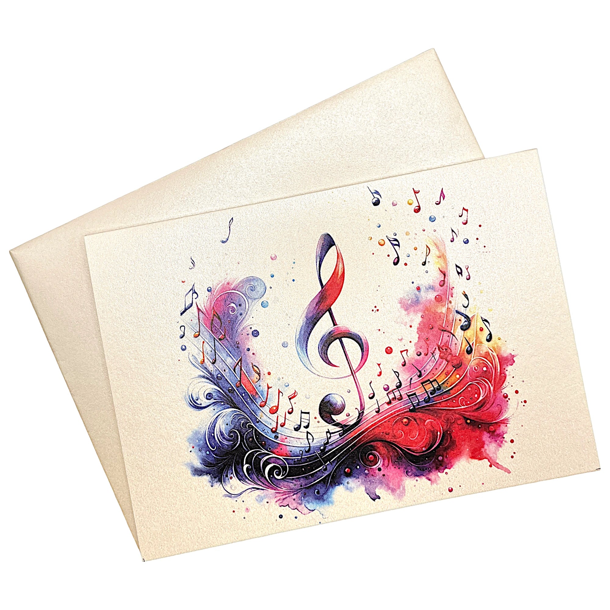 Klappkarte mit buntem Notenschlüssel auf passendem Umschlag aus Perlglanzpapier