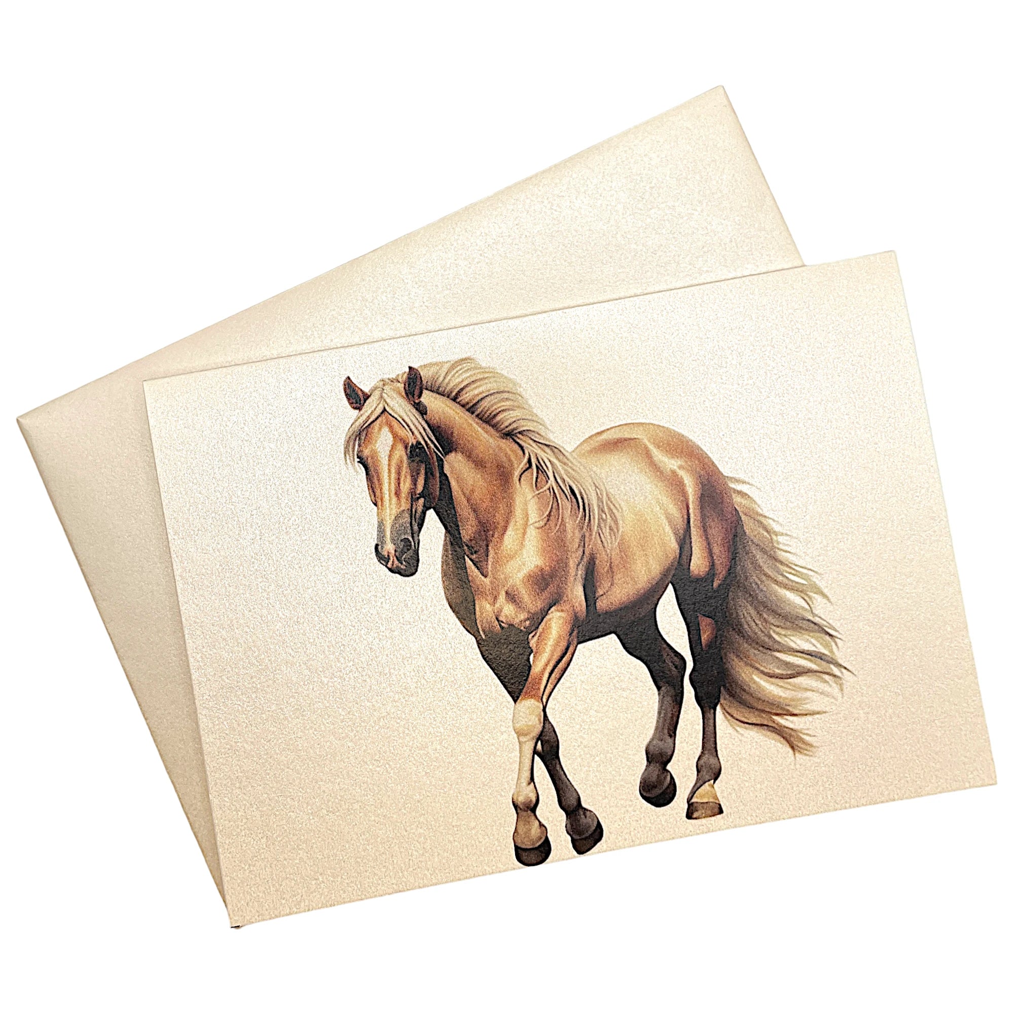 Klappkarte mit Palomino-Pferd auf passendem Umschlag aus Perlglanzpapier