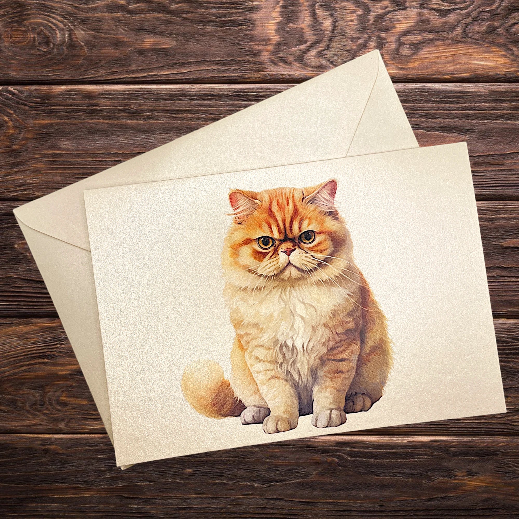Edle Klappkarte mit Perserkatze, dekorativ präsentiert auf rustikalem Holztisch