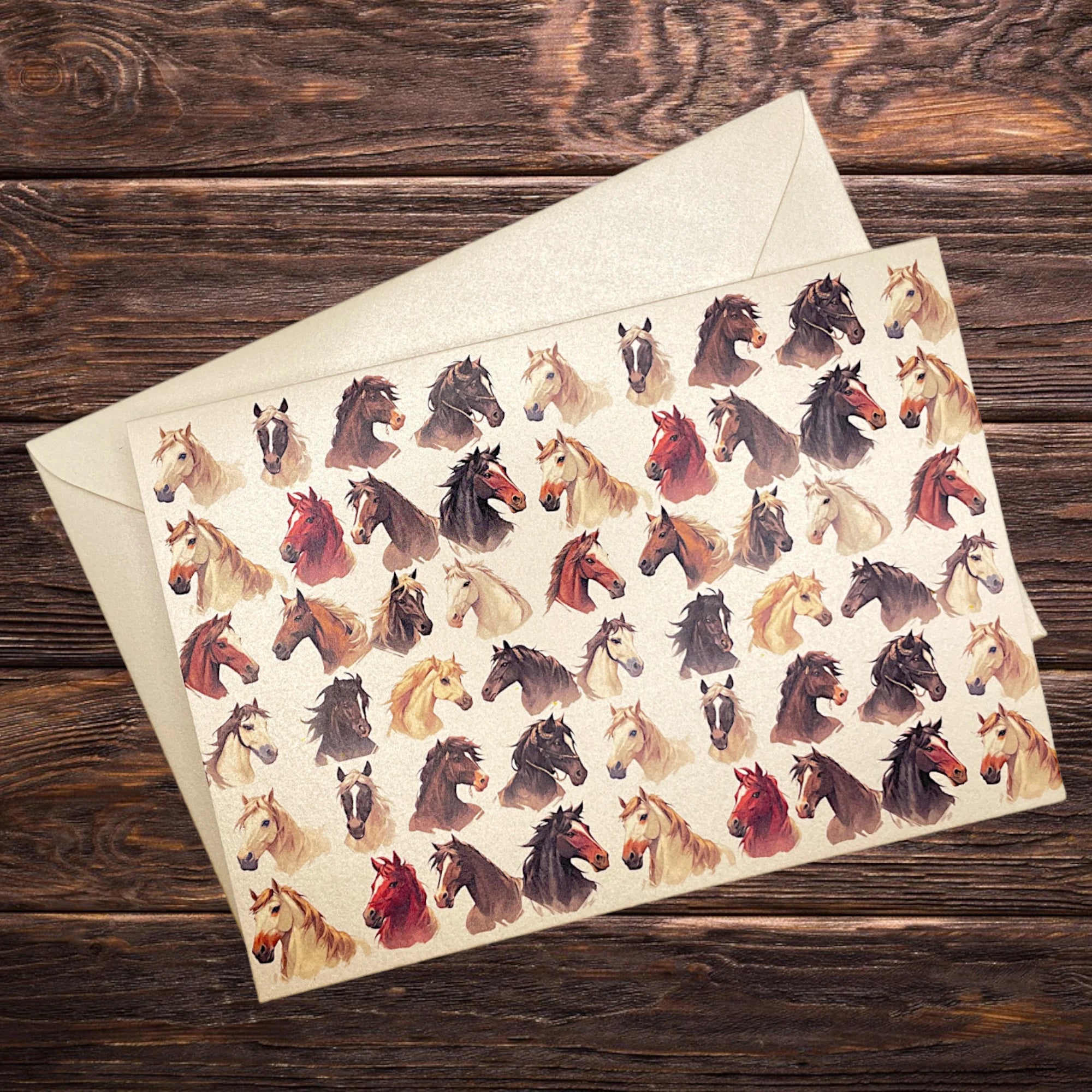 Edle Klappkarte mit Pferdeköpfen, stilvoll präsentiert auf rustikalem Holztisch