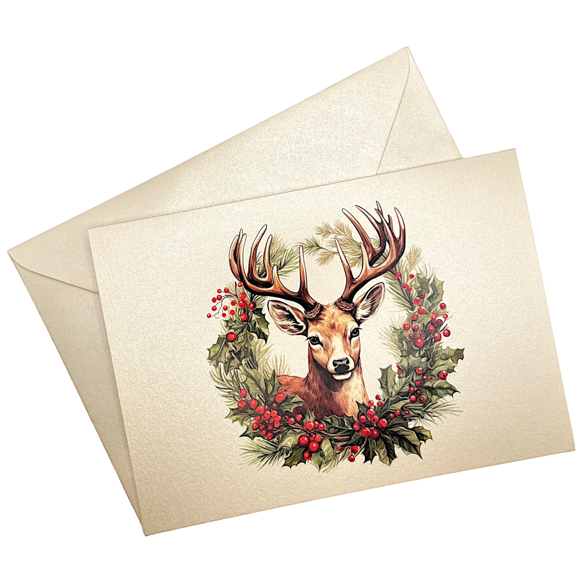 Nostalgische Weihnachtskarte mit Rehkopf im Kranz auf passendem Umschlag aus Perlglanzpapier