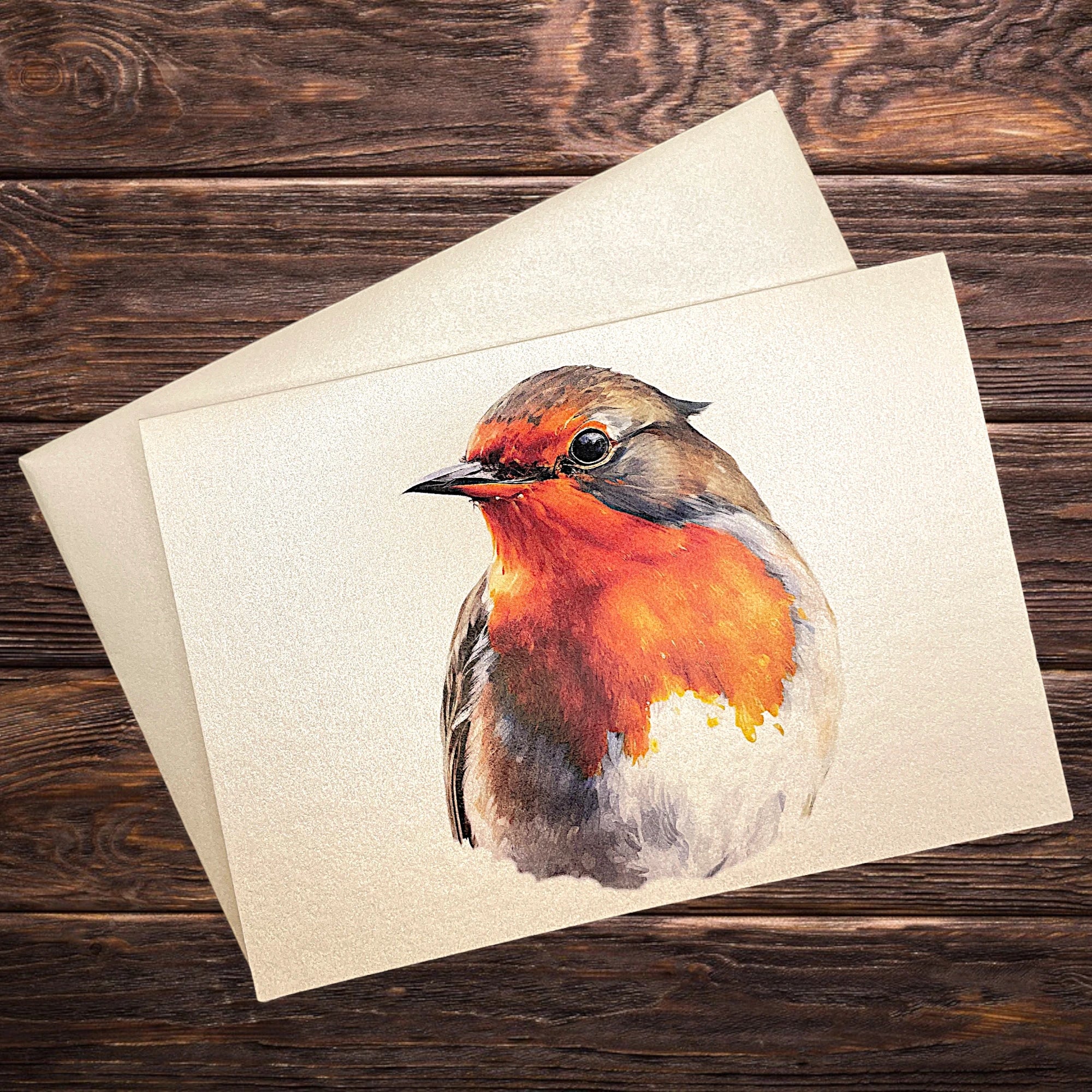 Vogelmotiv-Klappkarte mit Rotkehlchen, präsentiert auf rustikalem Holztisch