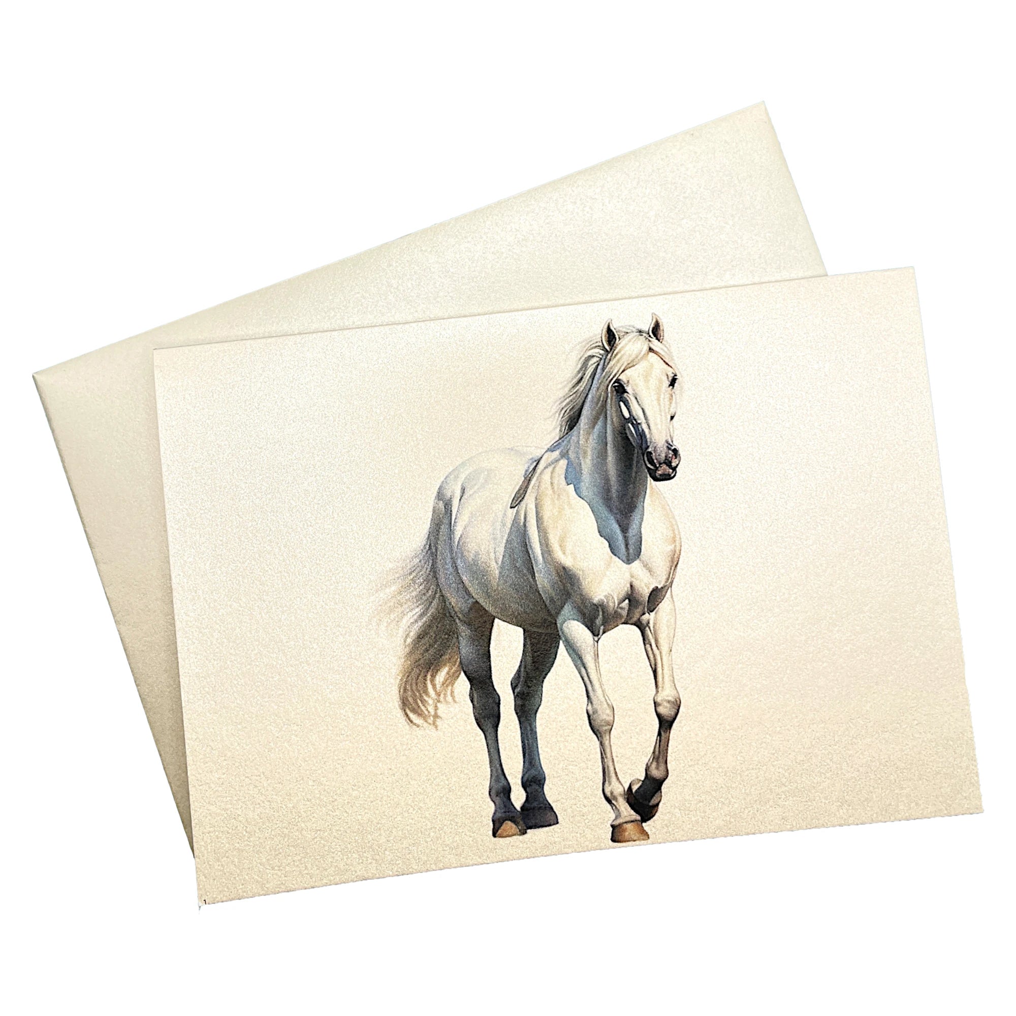 Klappkarte mit Schimmel-Pferd auf passendem Umschlag aus Perlglanzpapier