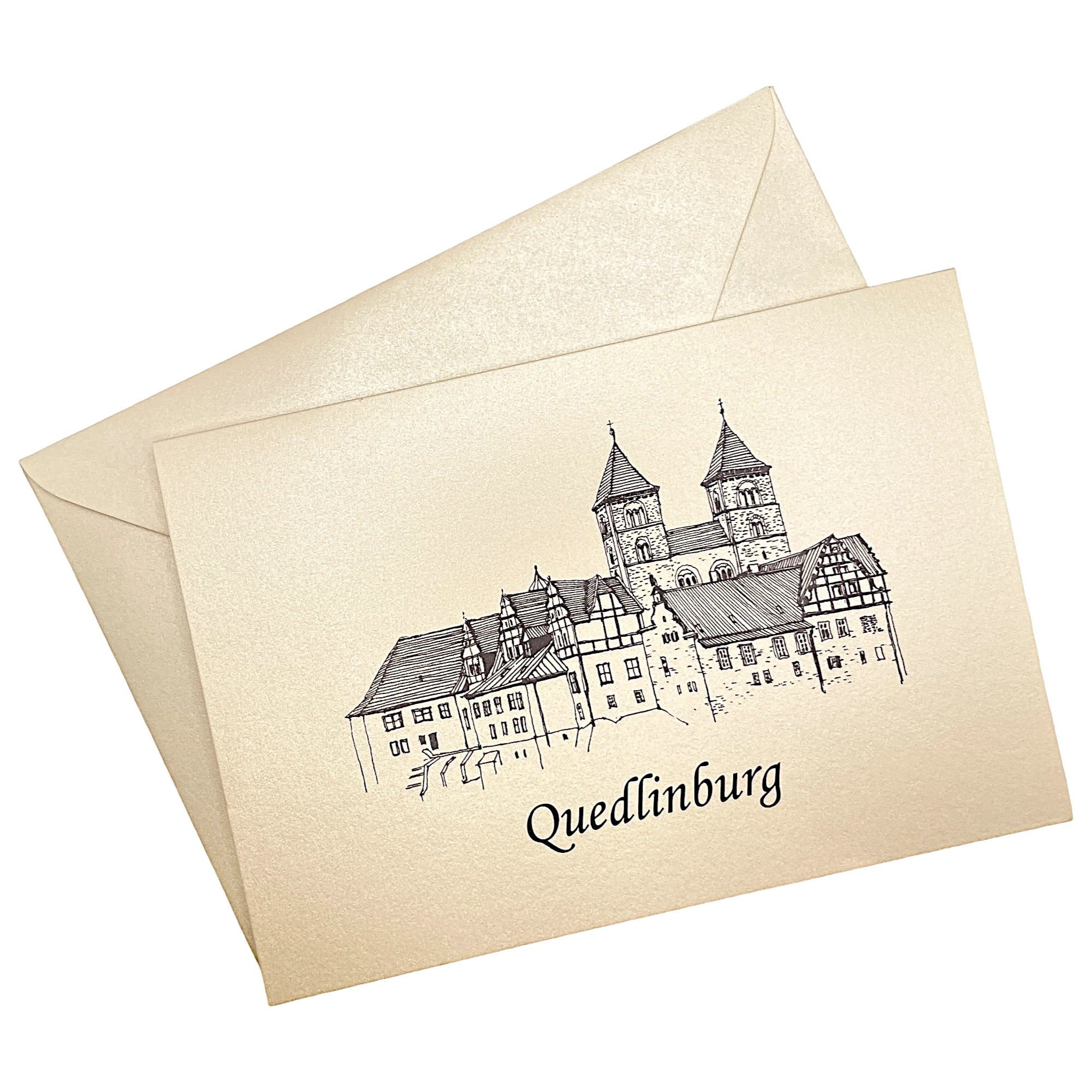Klappkarte mit Schloss Quedlinburg auf passendem Umschlag aus Perlglanzpapier