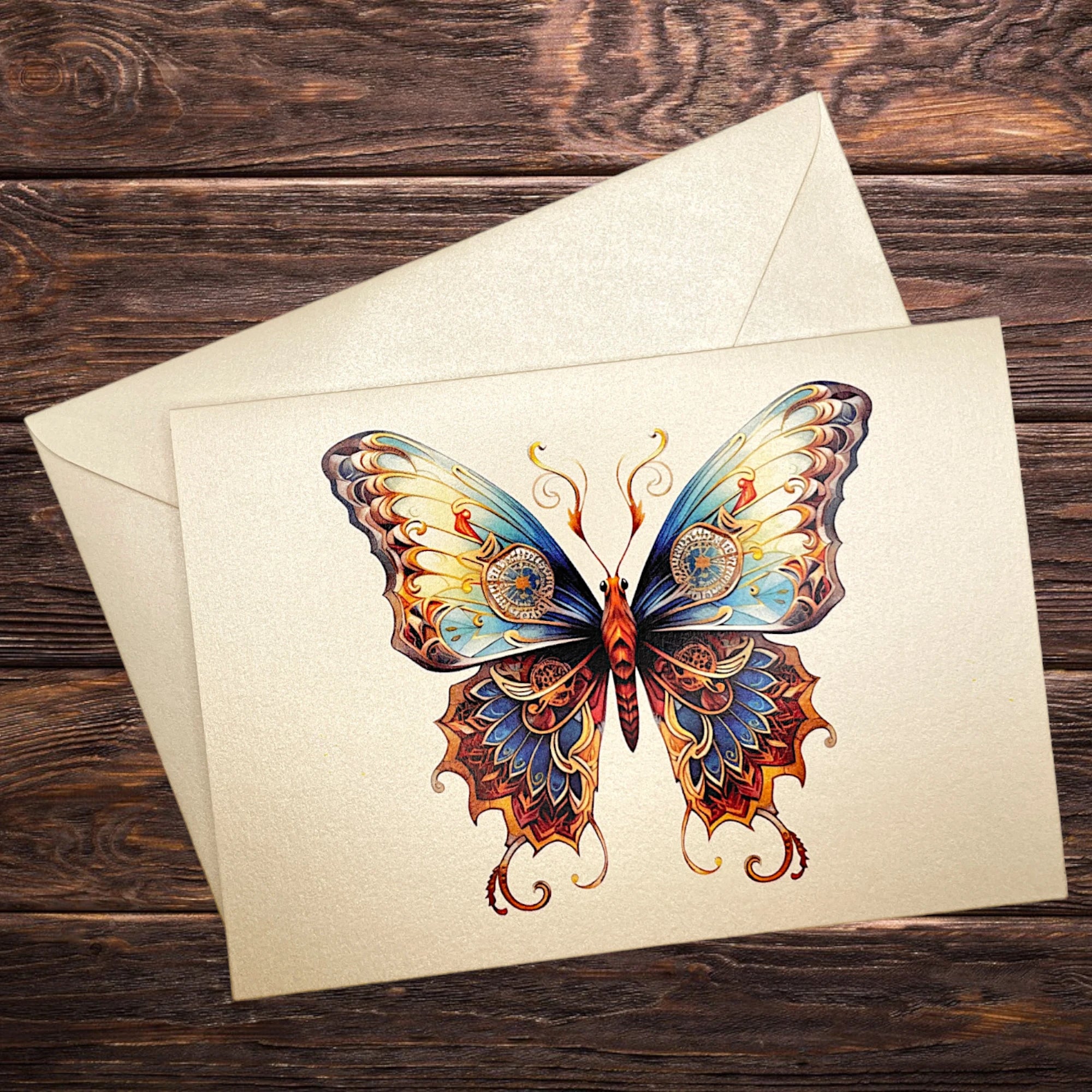 Elegante Klappkarte mit Schmetterling im Jugendstil (Blau & Gold), stilvoll präsentiert auf rustikalem Holztisch