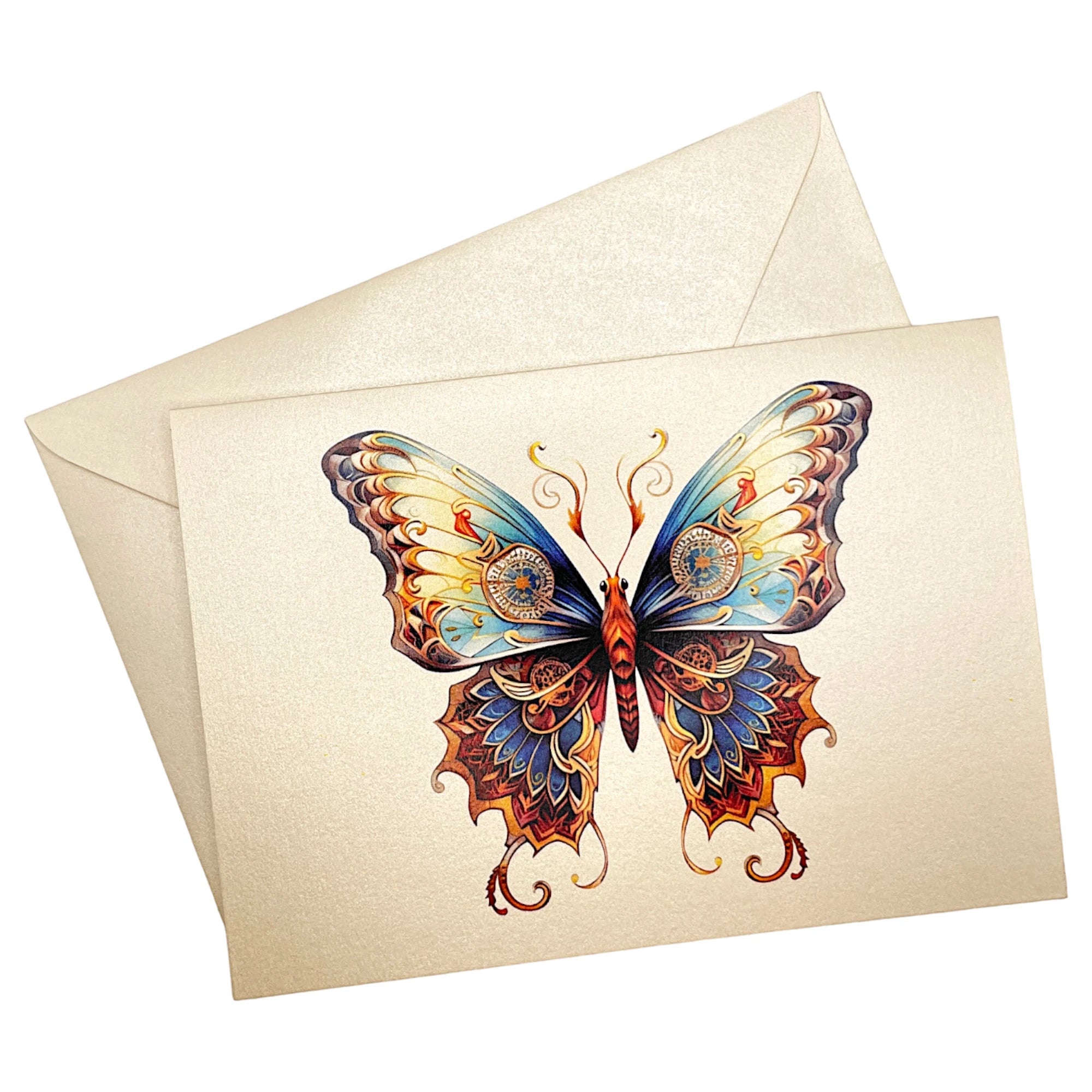 Klappkarte mit Schmetterling im Jugendstil (Blau & Gold) auf passendem Umschlag aus Perlglanzpapier