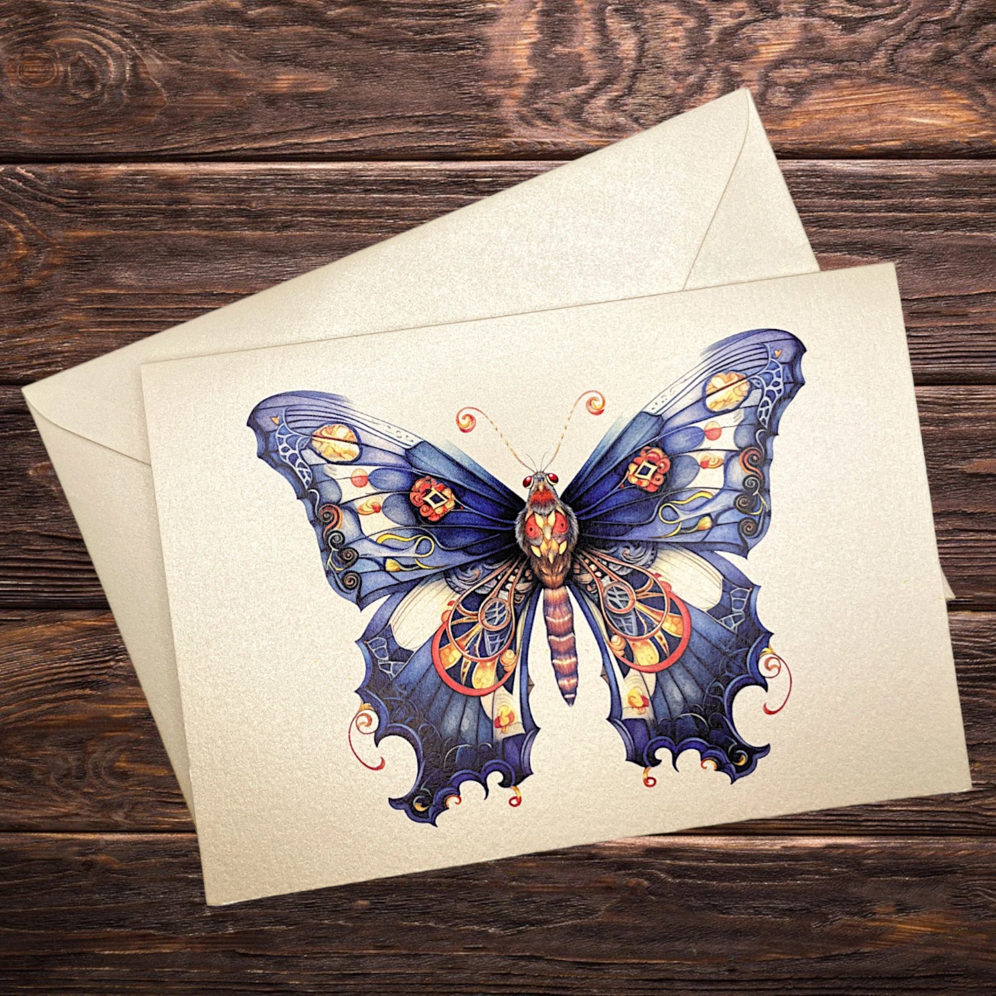 Edle Klappkarte mit Schmetterling im Jugendstil (Blau), dekorativ präsentiert auf rustikalem Holztisch