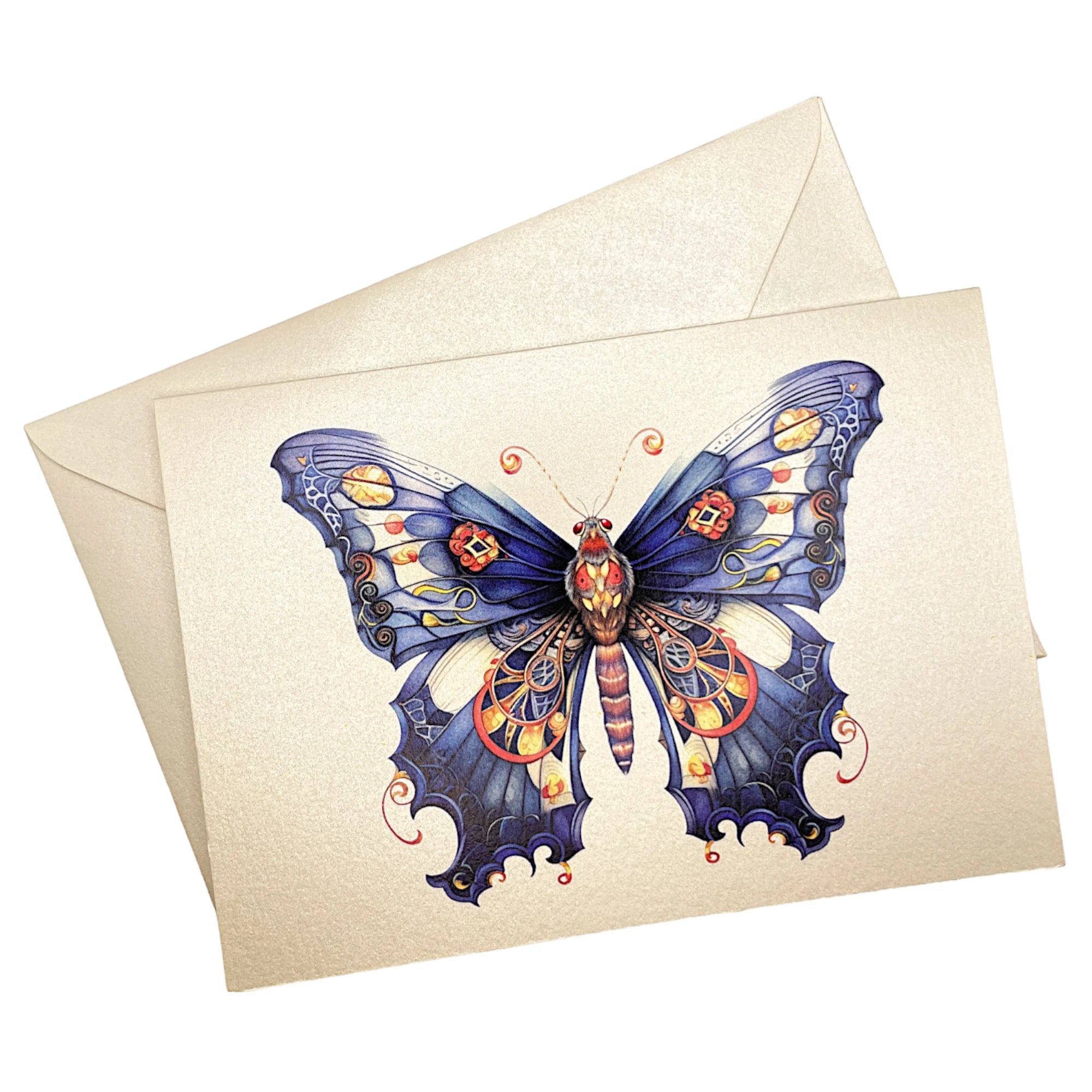 Klappkarte mit Schmetterling im Jugendstil (Blau) auf passendem Umschlag aus Perlglanzpapier