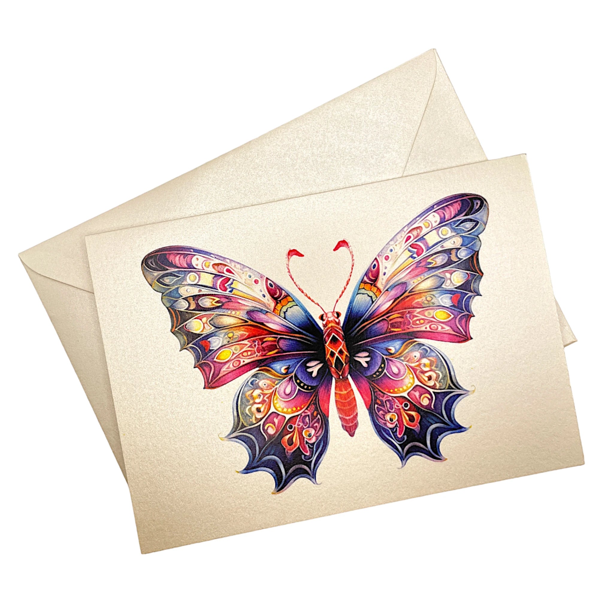 Klappkarte mit Schmetterling im Jugendstil (Rosa & Blau) auf passendem Umschlag aus Perlglanzpapier