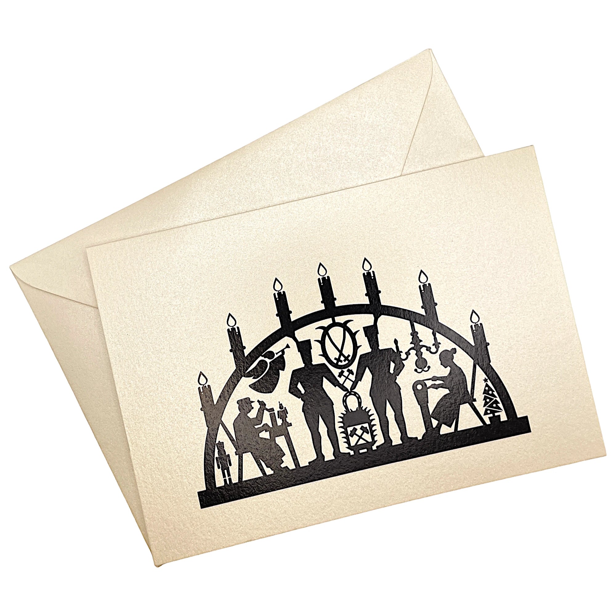 Klappkarte mit Schwibbogen aus dem Erzgebirge auf passendem Umschlag aus Perlglanzpapier