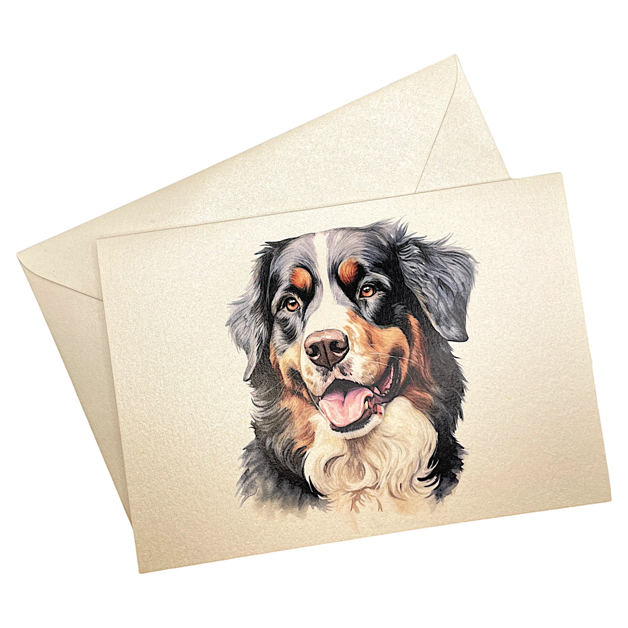 Klappkarte mit Sennenhund auf passendem Umschlag aus Perlglanzpapier