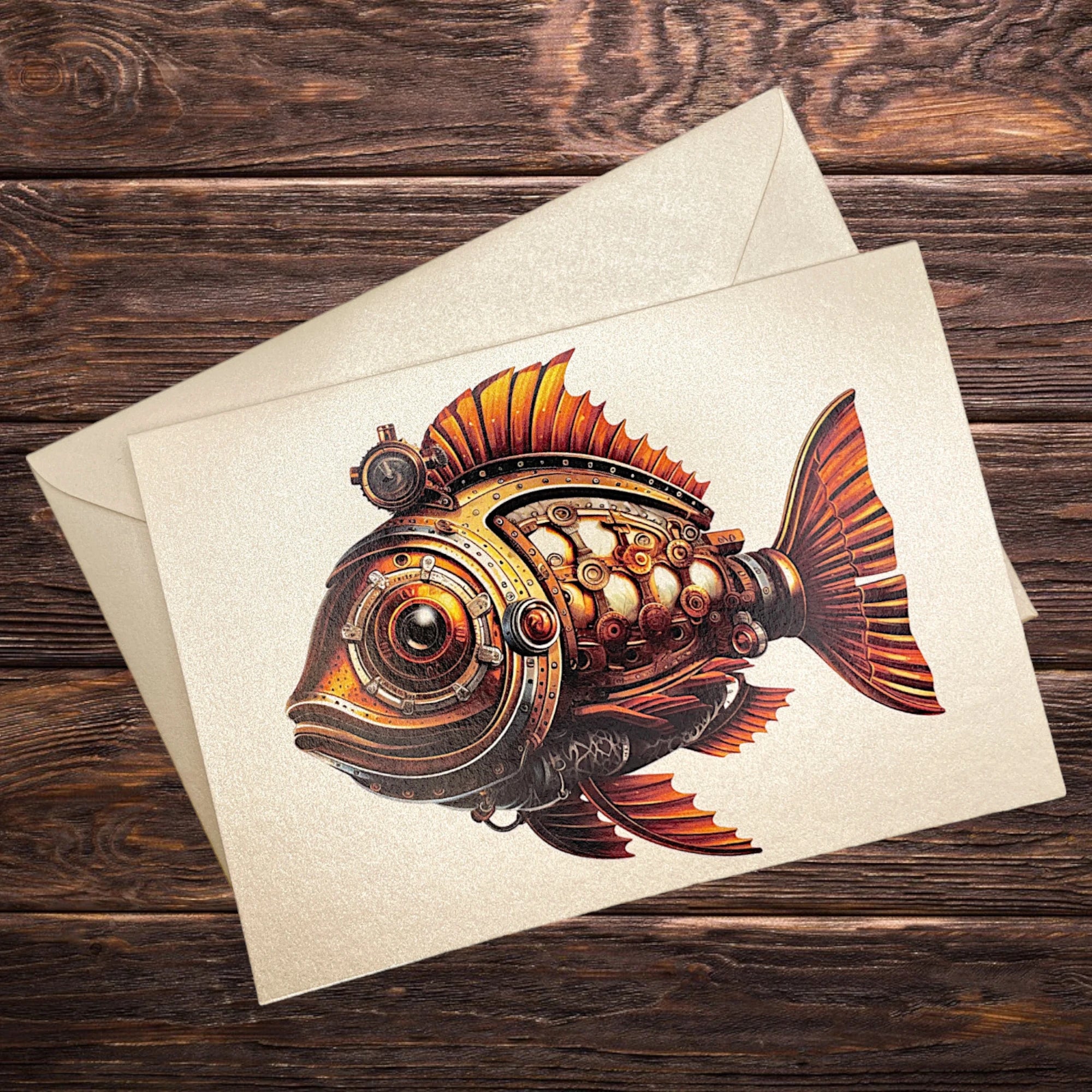 Steampunk-Klappkarte mit goldenem Fisch, dekorativ präsentiert auf rustikalem Holztisch