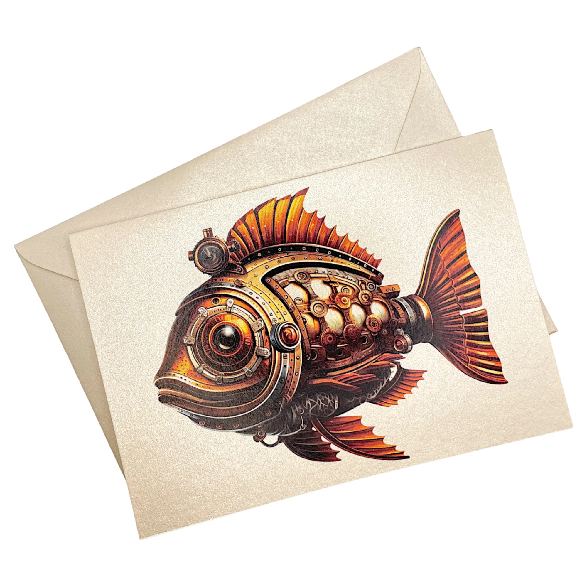 Klappkarte mit goldenem Steampunk-Fisch auf passendem Umschlag aus Perlglanzpapier