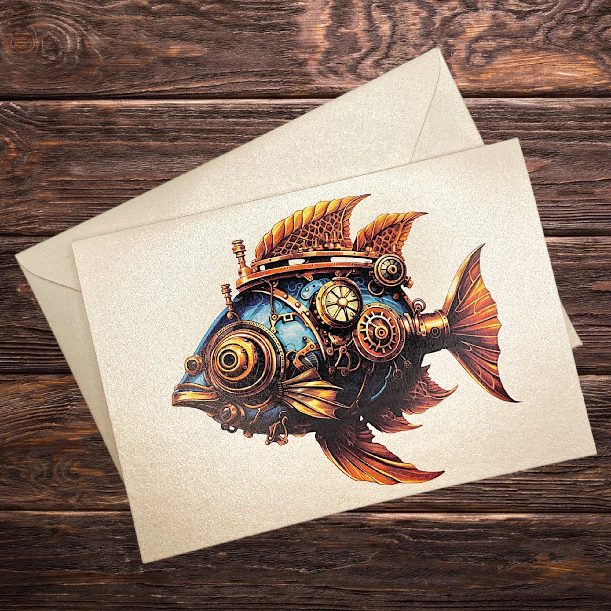 Steampunk-Klappkarte mit türkisem Fisch, stilvoll präsentiert auf rustikalem Holztisch