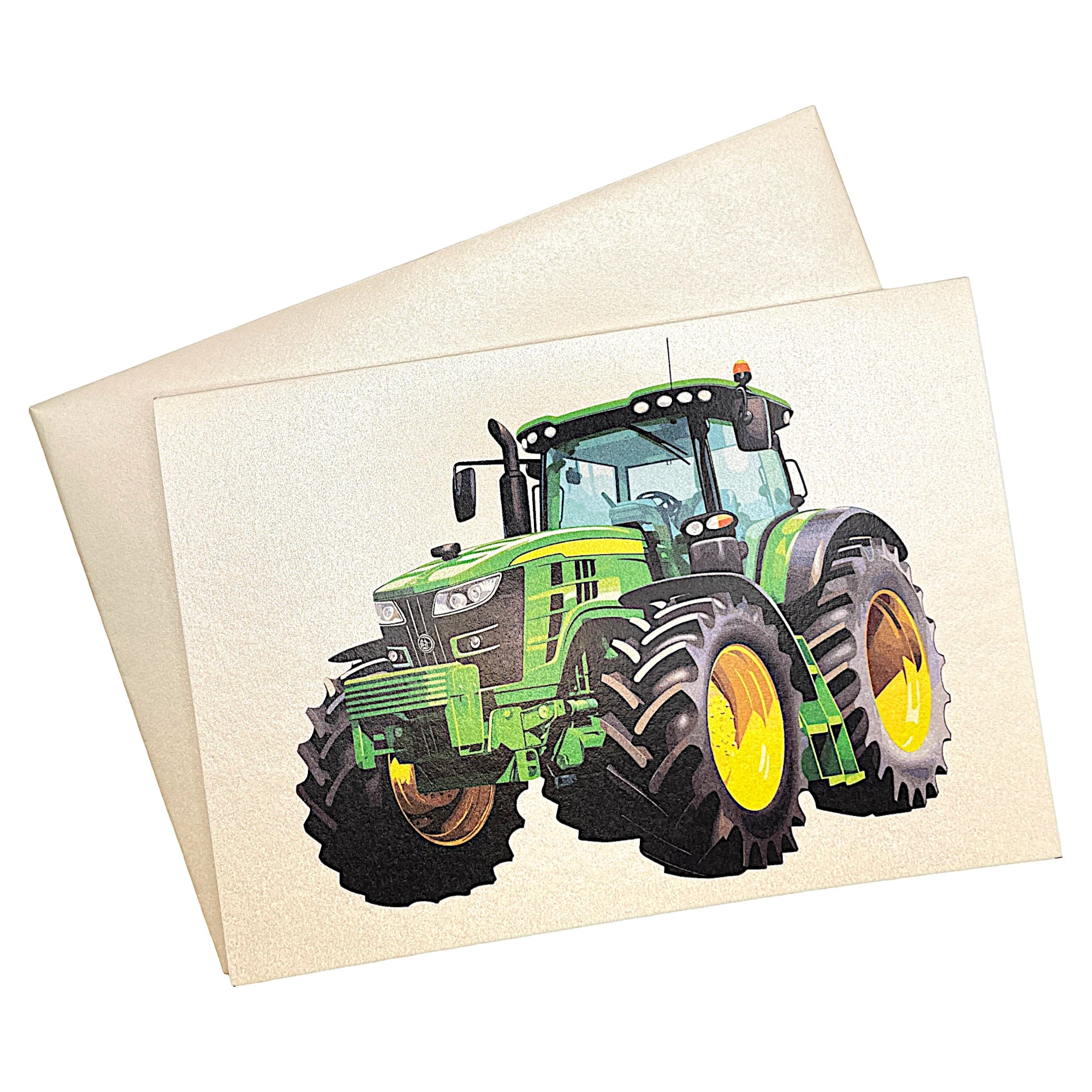 Klappkarte mit Druck grünem Traktor, mit passendem Umschlag aus Perlglanzpapier
