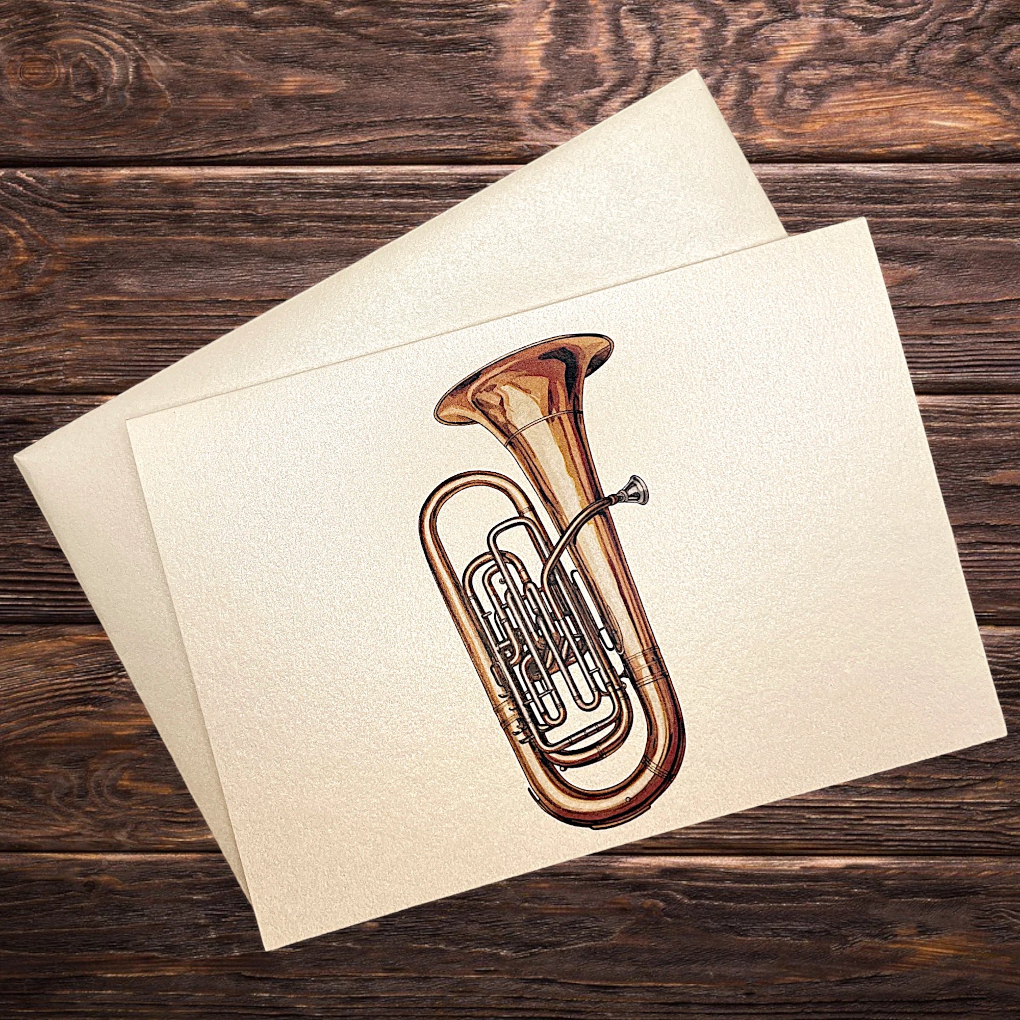 Musik-Klappkarte mit Tuba, präsentiert auf rustikalem Holztisch