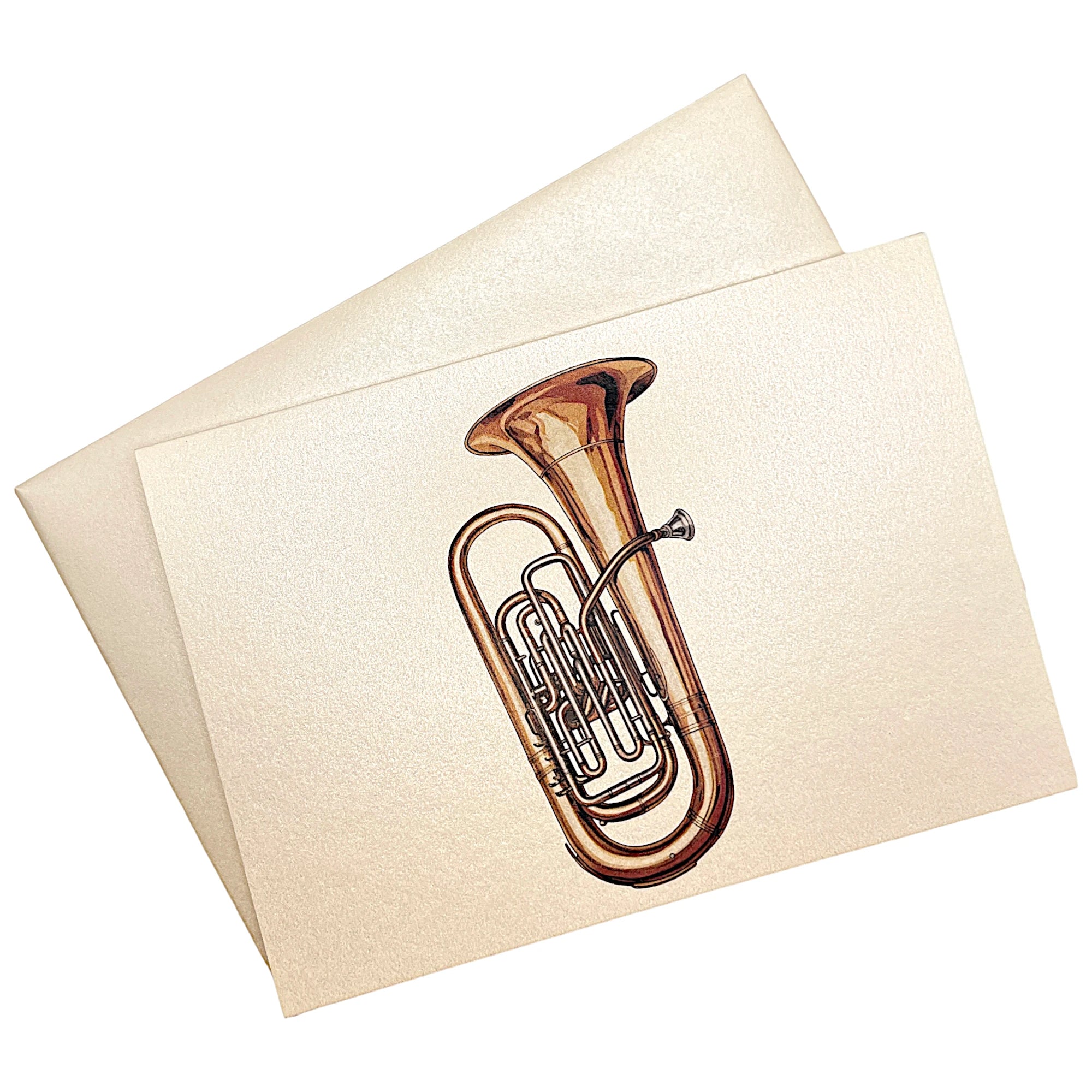 Klappkarte mit Tuba auf passendem Umschlag aus Perlglanzpapier