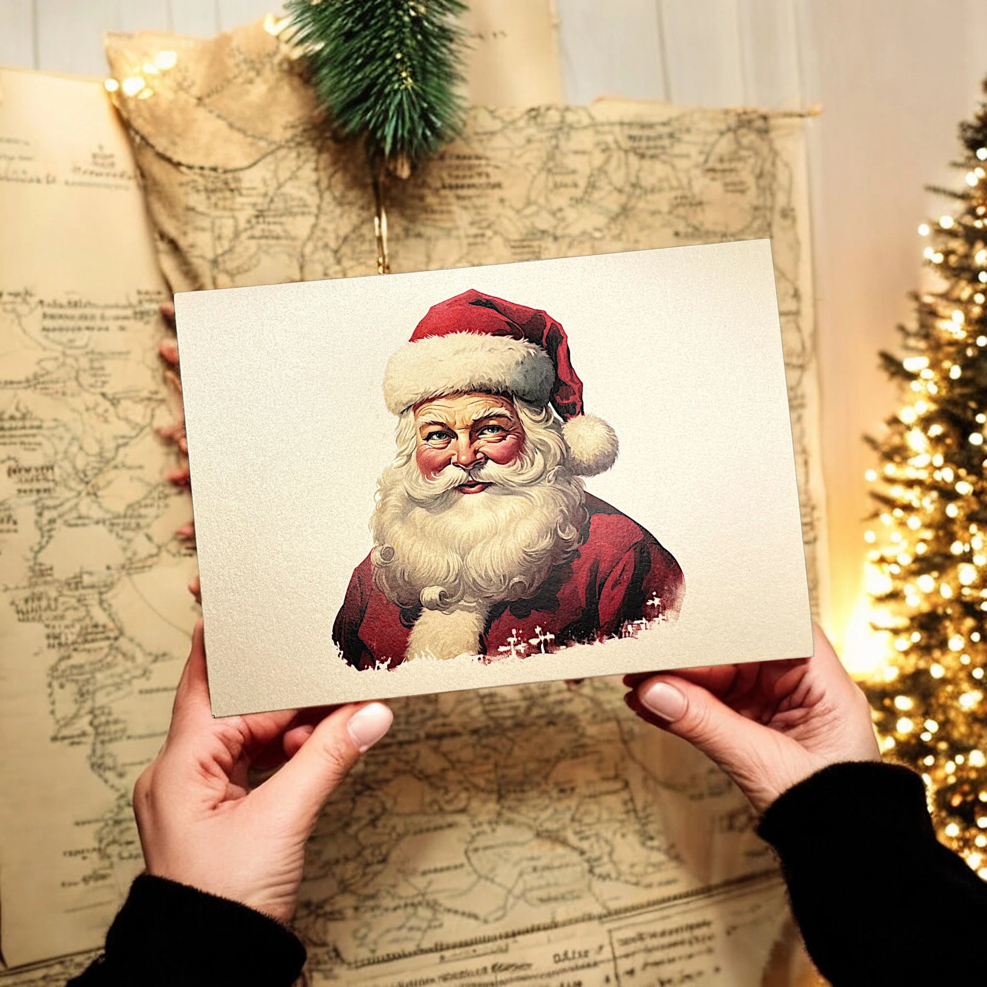 Festliche Klappkarte mit Weihnachtsmann, in den Händen gehalten und betrachtet