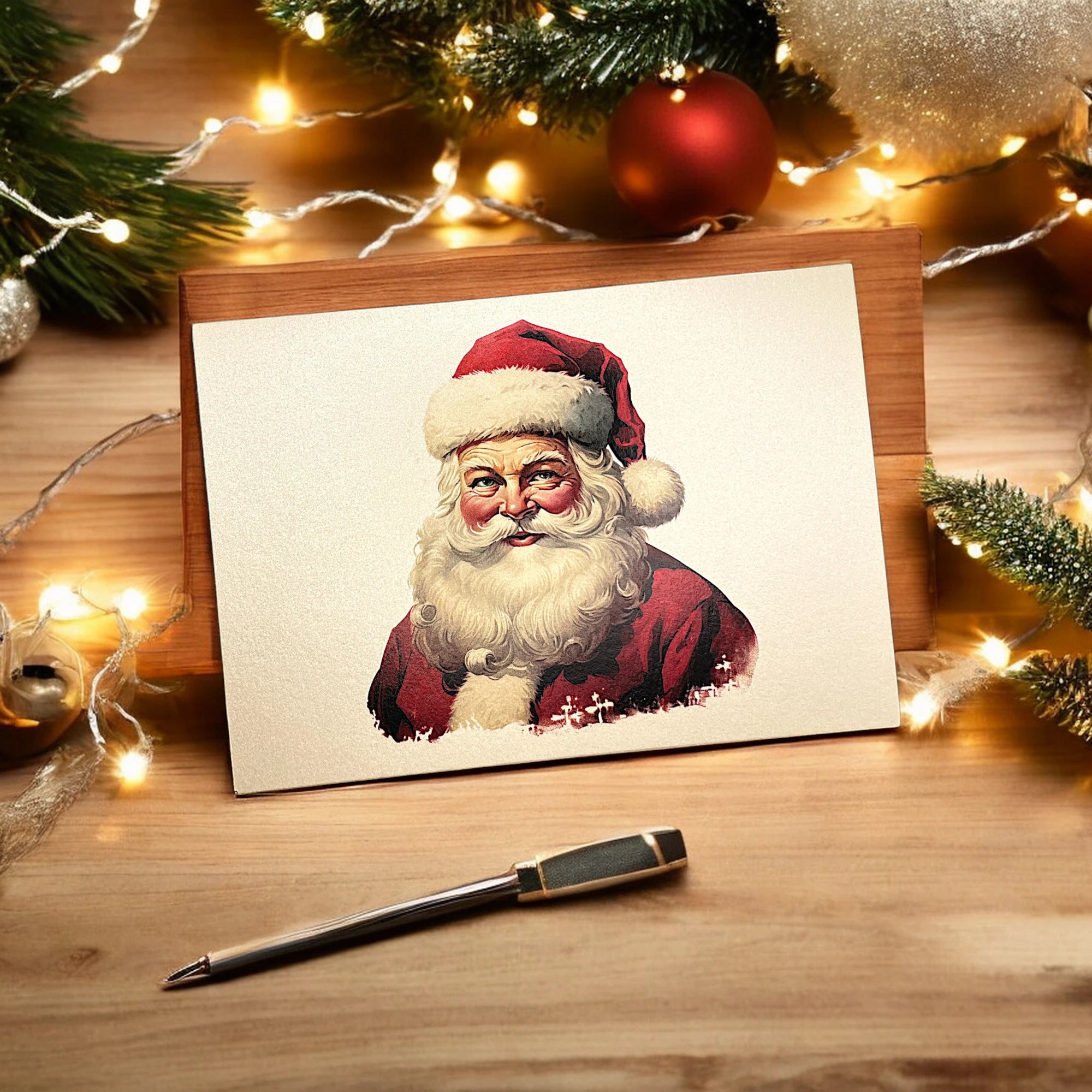 Weihnachtskarte mit Weihnachtsmann, angelehnt auf Tisch mit Lichterkette, roter Kugel und Brieföffner