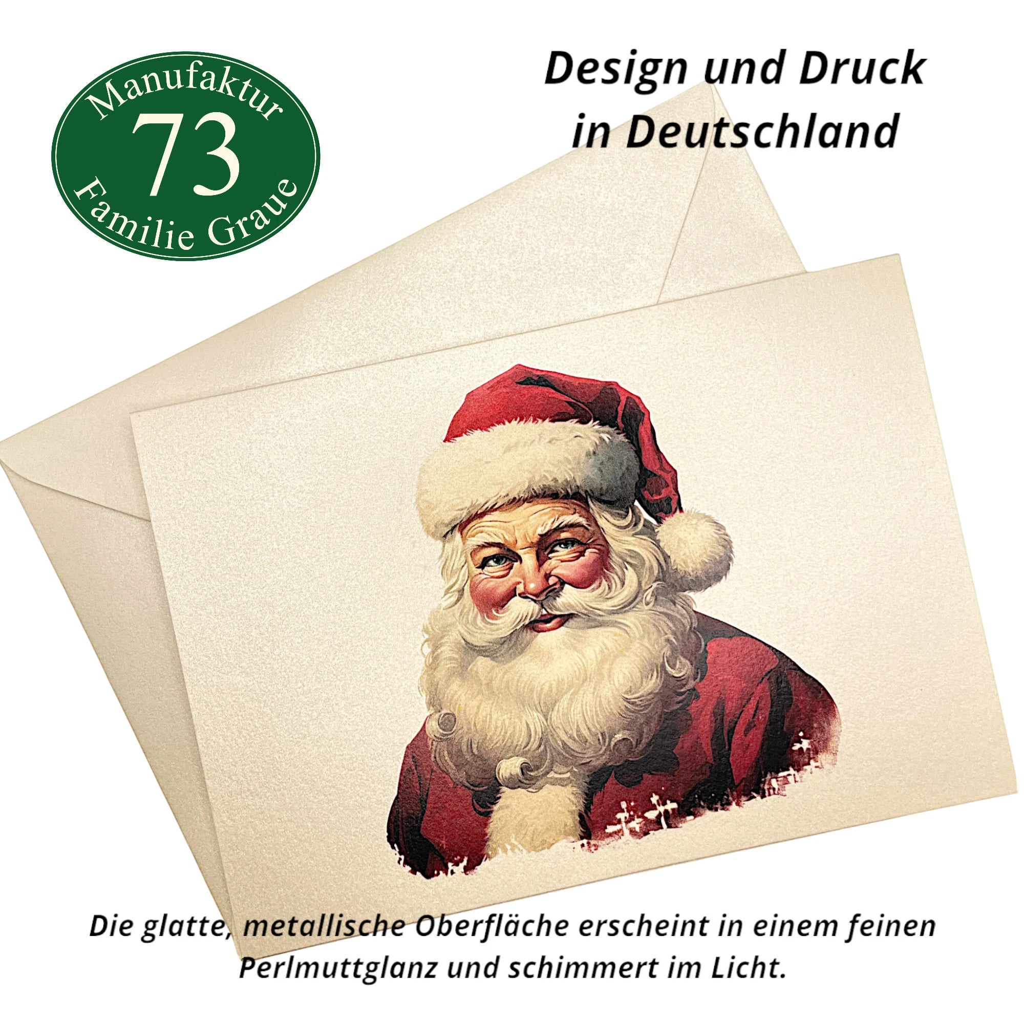 Klappkarte mit Weihnachtsmann auf Perlglanzpapier, mit Logo der Manufaktur Graue und Infos zur Papierqualität