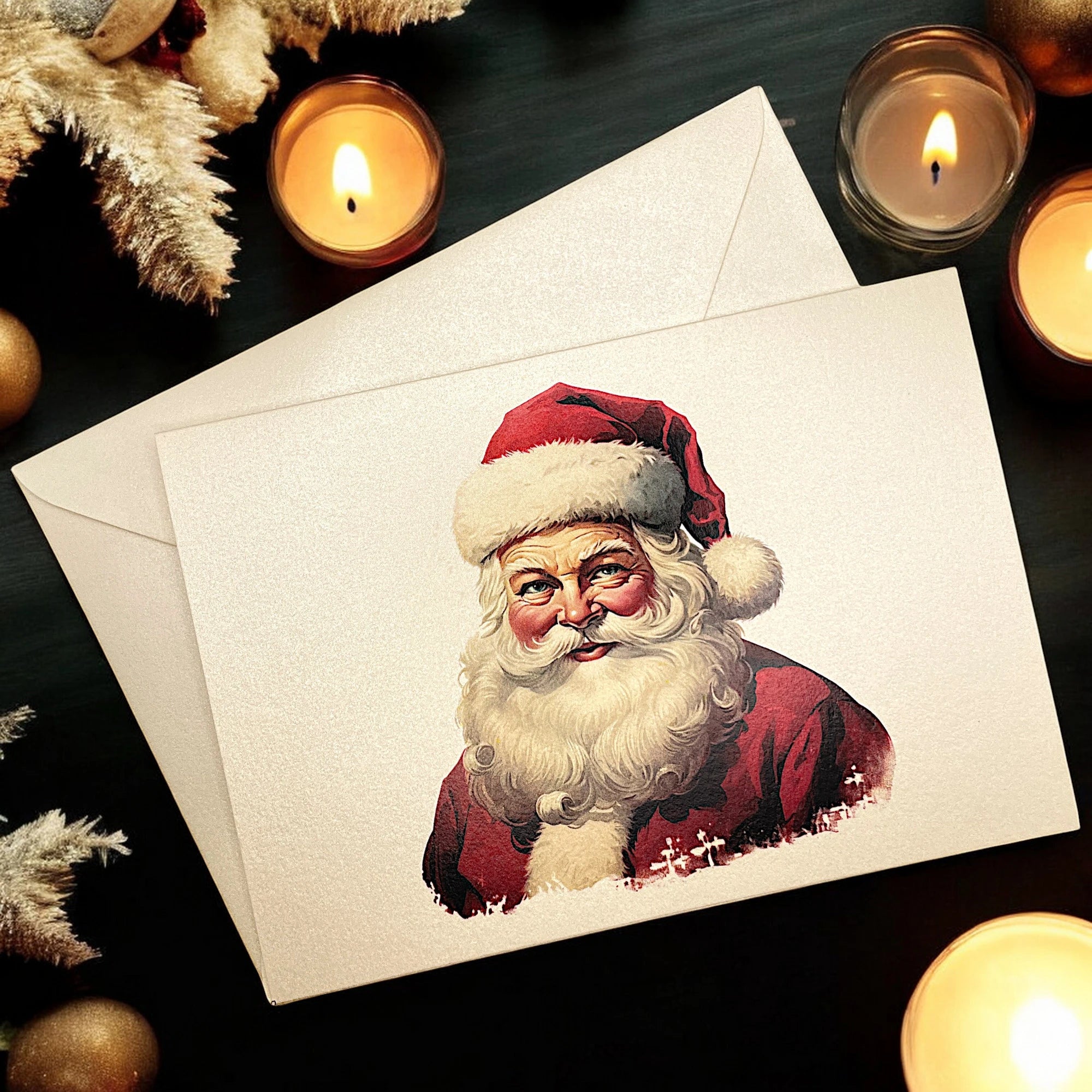 Stimmungsvolle Weihnachtskarte mit Weihnachtsmann, umgeben von Kerzen und Tannenzweigen auf schwarzem Holztisch