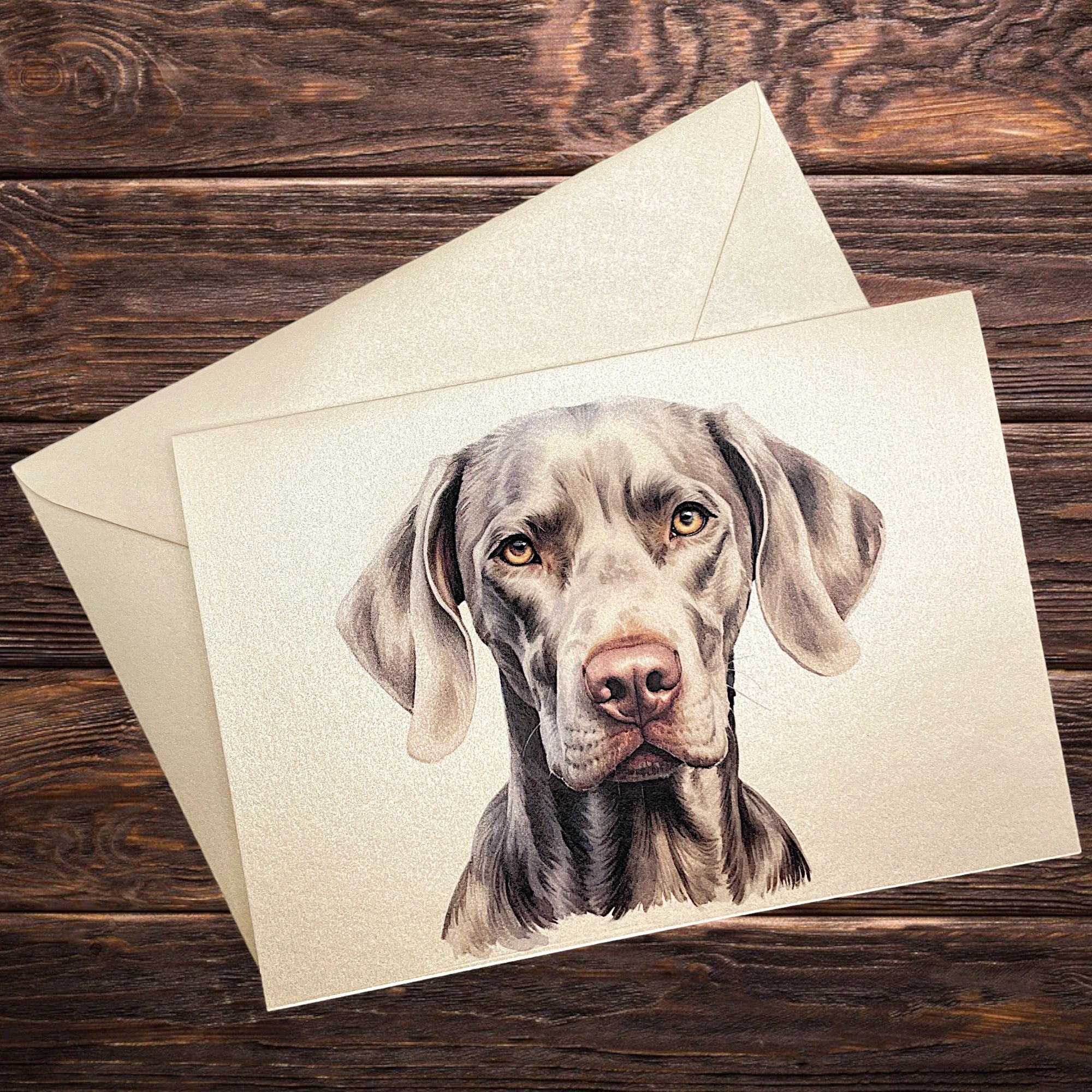 Hunde-Klappkarte mit Weimaraner, dekorativ präsentiert auf rustikalem Holztisch
