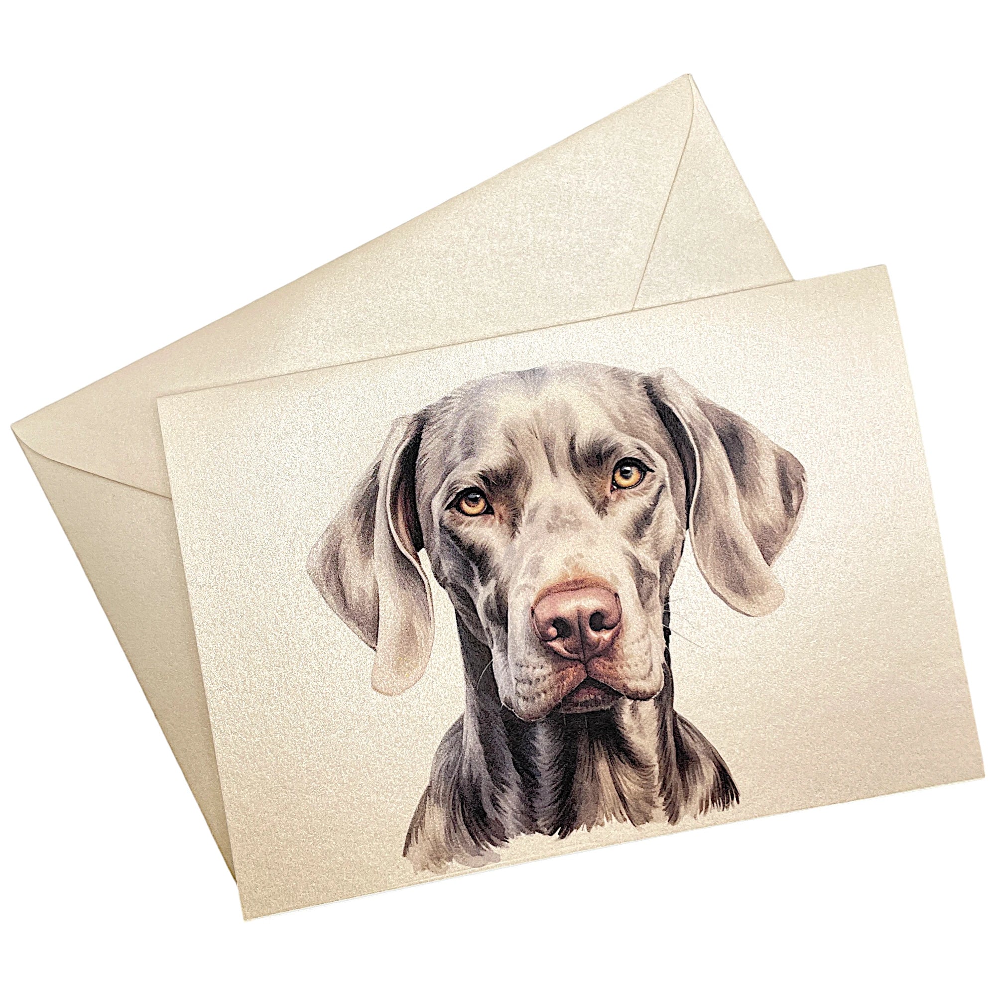 Klappkarte mit Weimaraner auf passendem Umschlag aus Perlglanzpapier