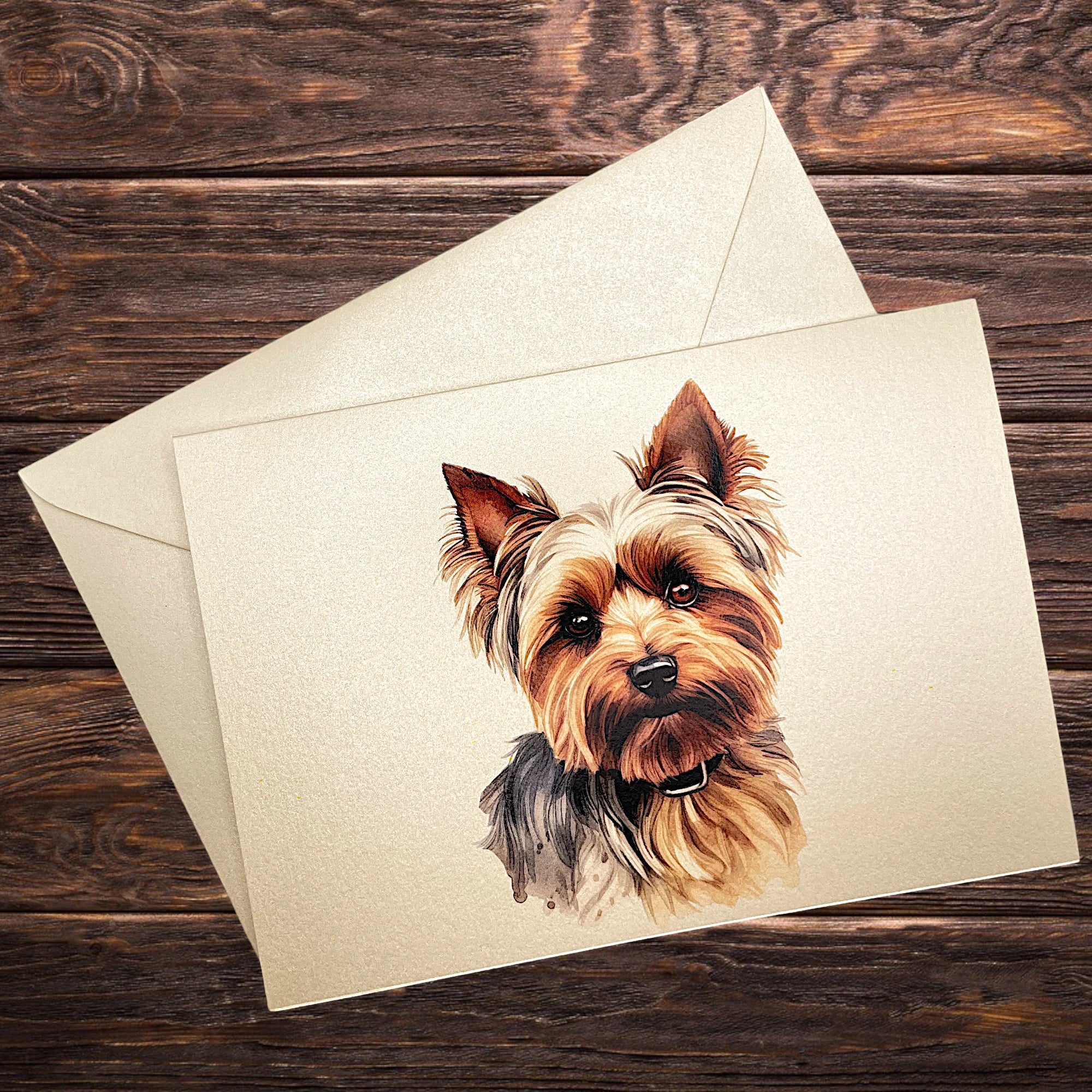 Hunde-Klappkarte mit Yorkshire Terrier, dekorativ präsentiert auf rustikalem Holztisch