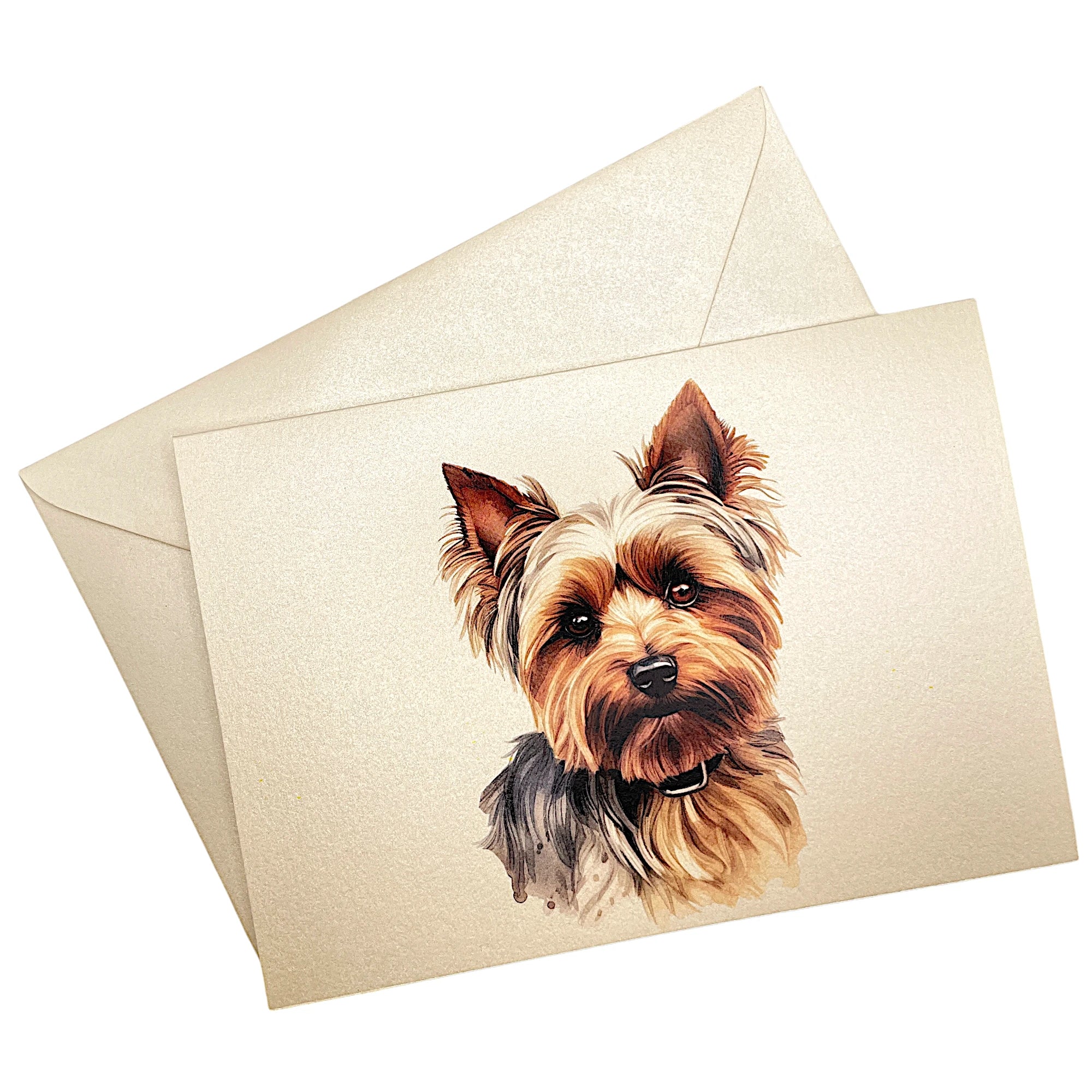 Klappkarte mit Yorkshire Terrier auf passendem Umschlag aus Perlglanzpapier