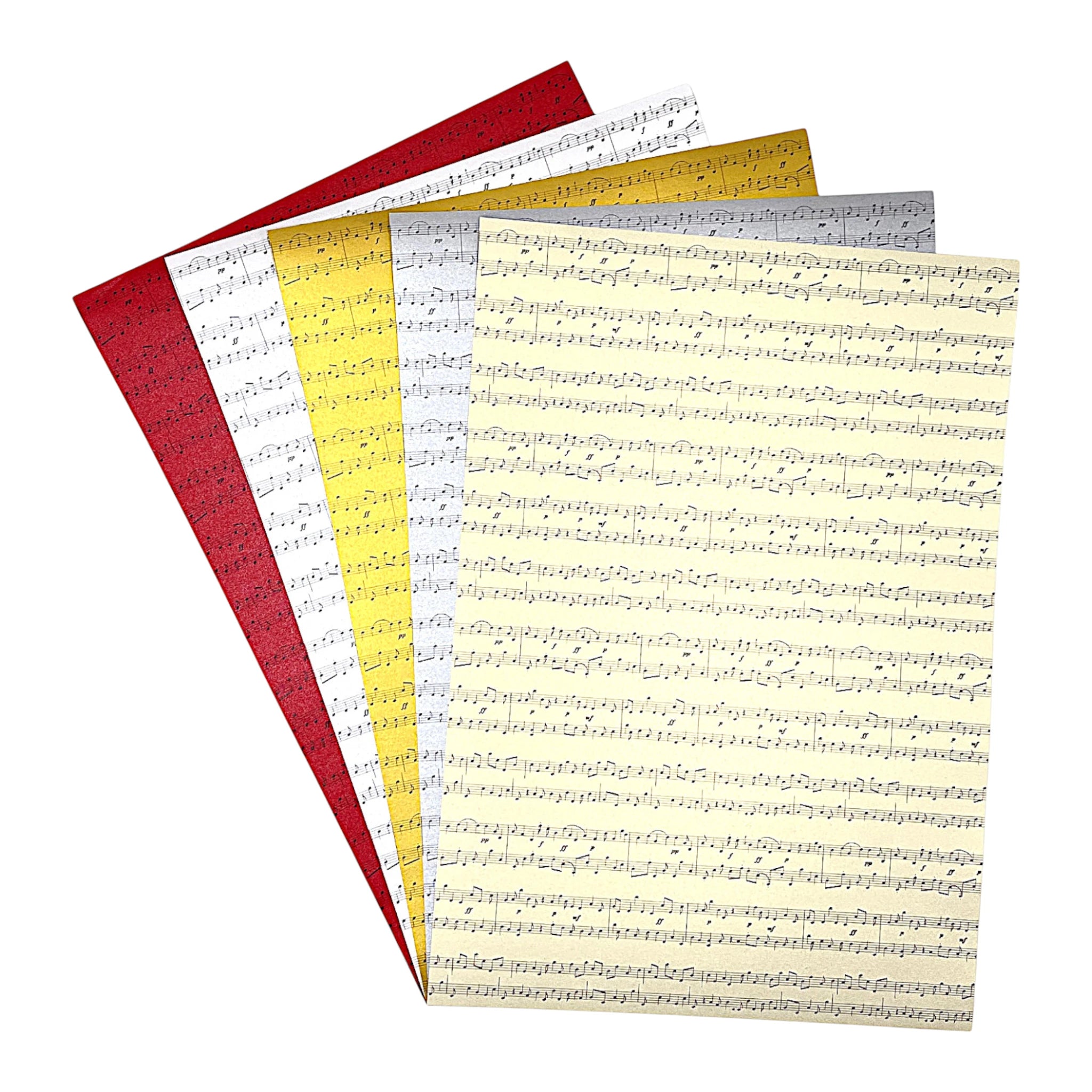 Perlglanzpapier mit Notendruck – Set aus fünf Farben (Rot, Weiß, Gold, Silber, Creme) auf transparentem Hintergrund