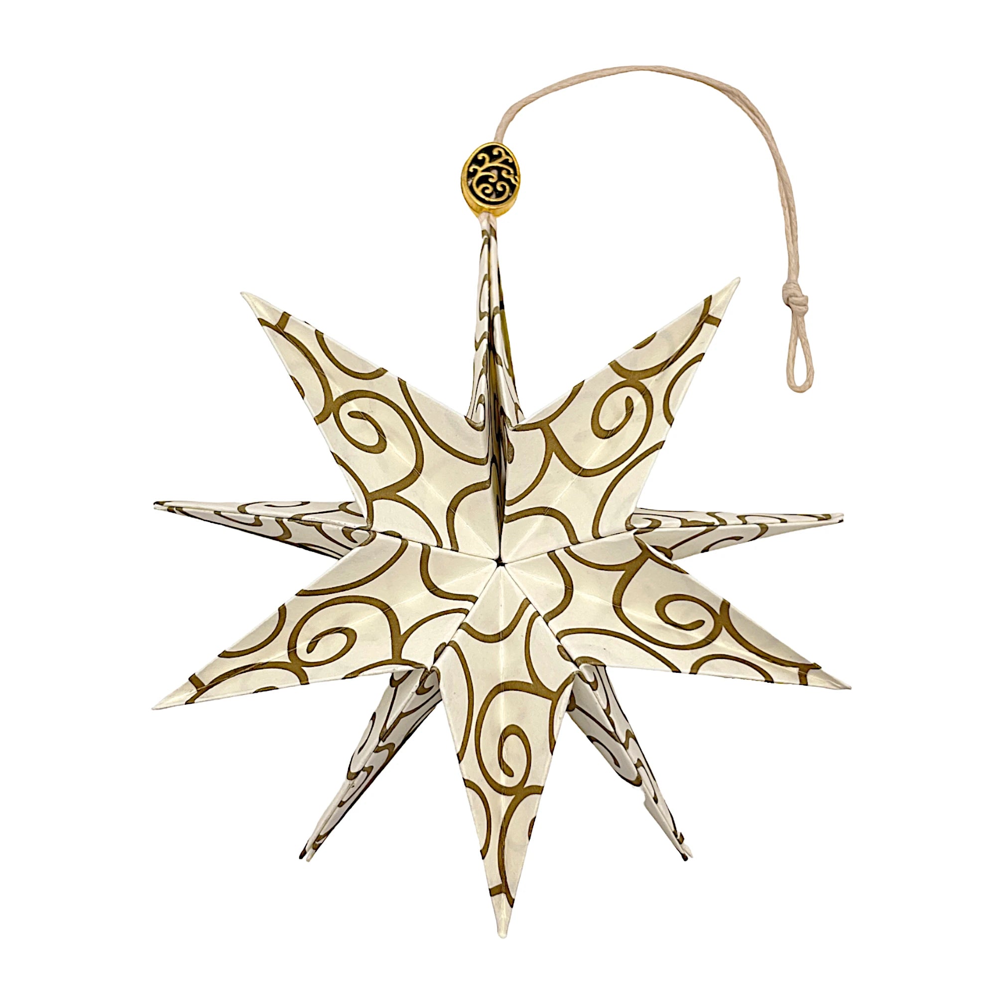 Papierstern aus altweißem Papier mit goldenen Arabesken – kunstvoll entfaltet und stilvoll