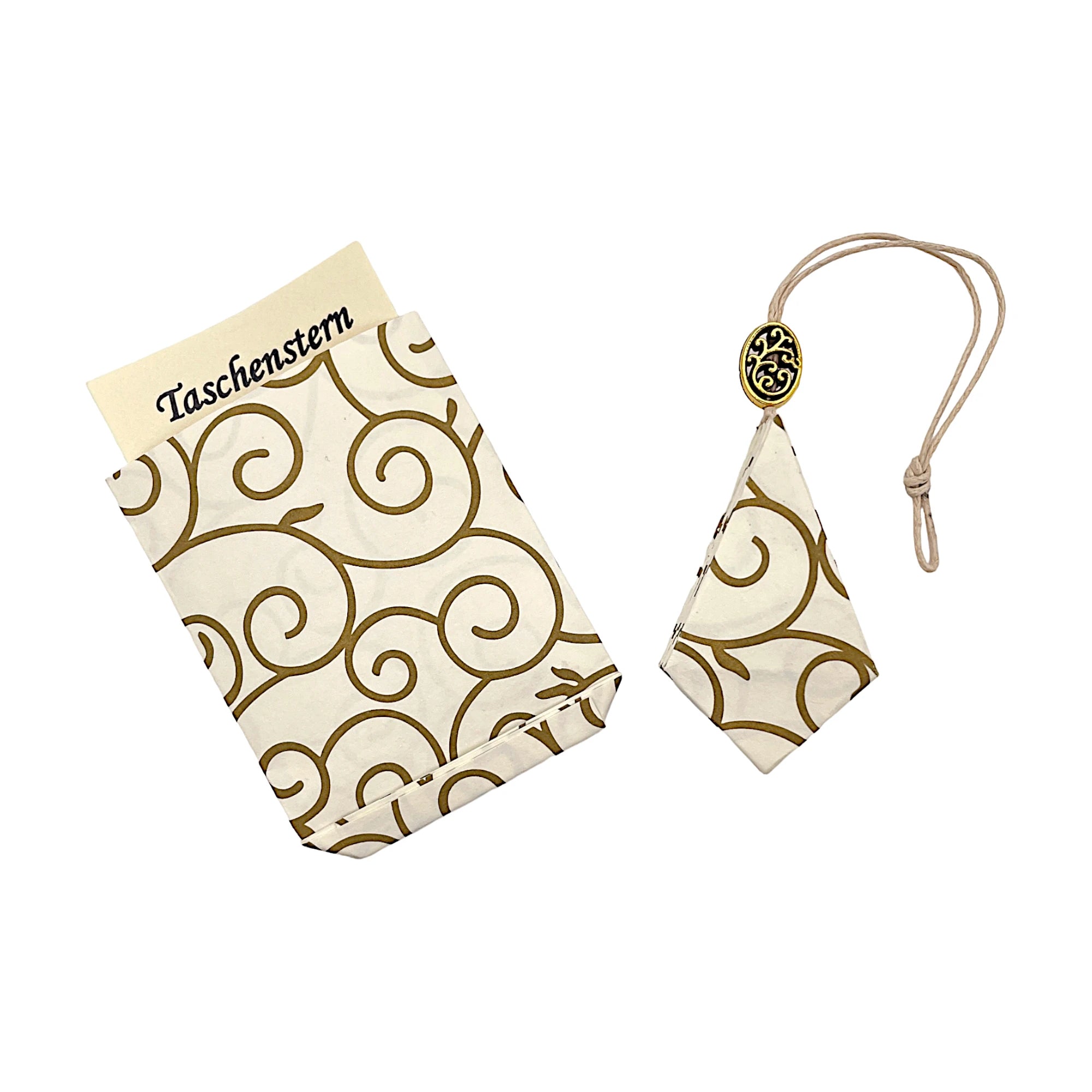 Zusammengelegter Papierstern mit goldenen Arabesken auf Altweiß, elegant im Etui verpackt