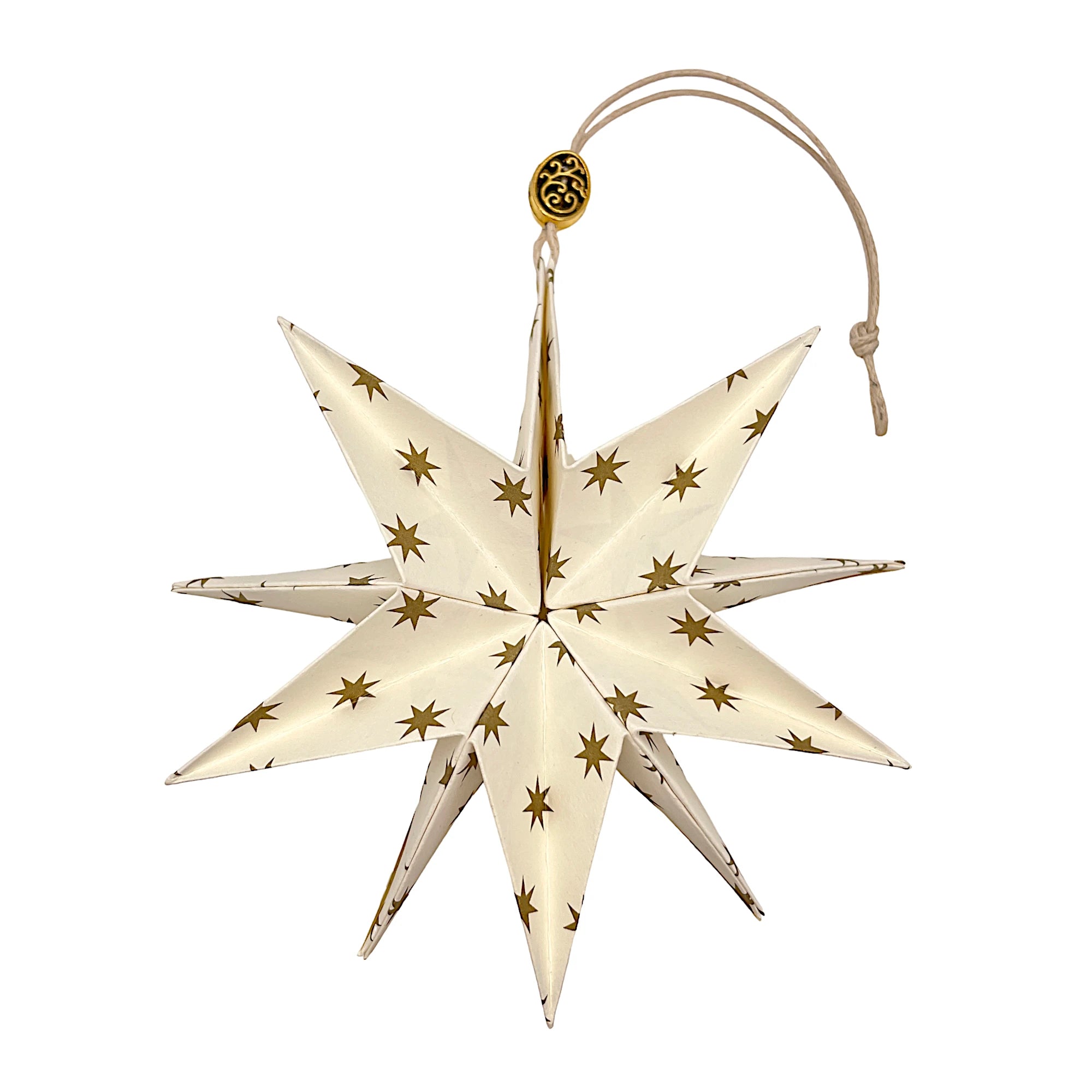 Papierstern in Altweiß mit kleinen goldenen Sternen – elegant entfaltet mit feinem Schimmer