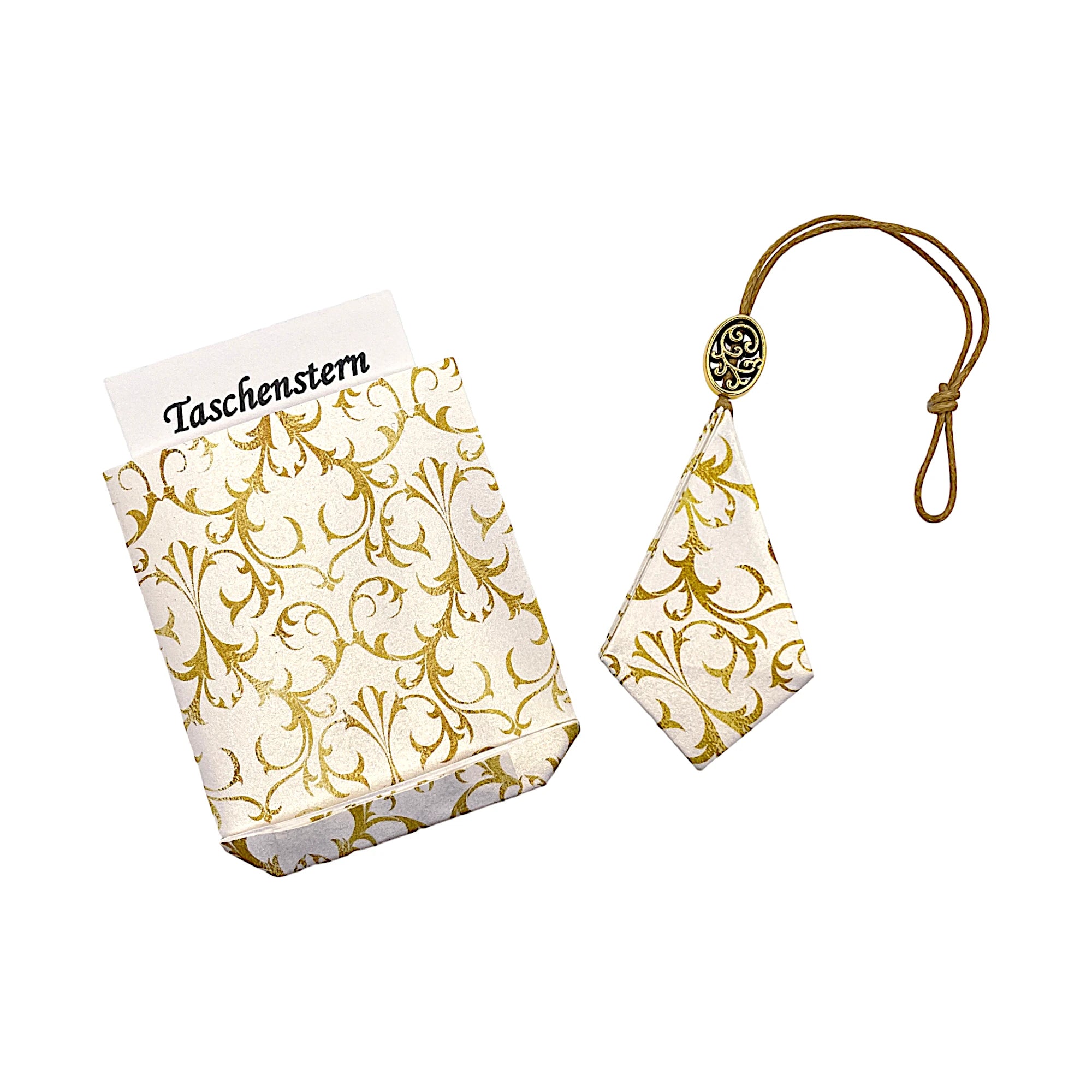 Papierstern Arabeske Goldweiß, zusammengeklappt mit passendem Etui.