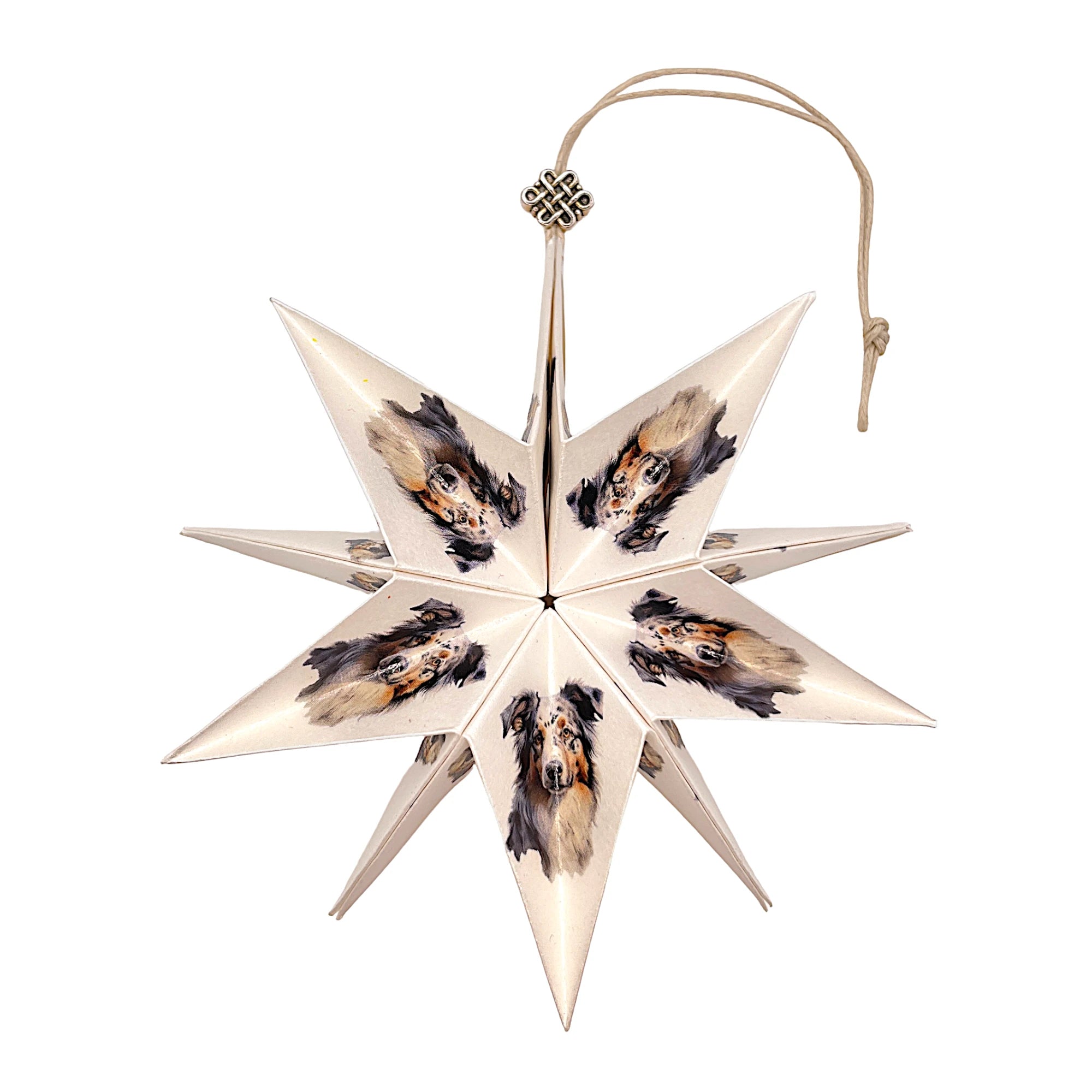 Handgefertigter Papierstern mit Australian Shepherd-Motiv, filigran gefaltet