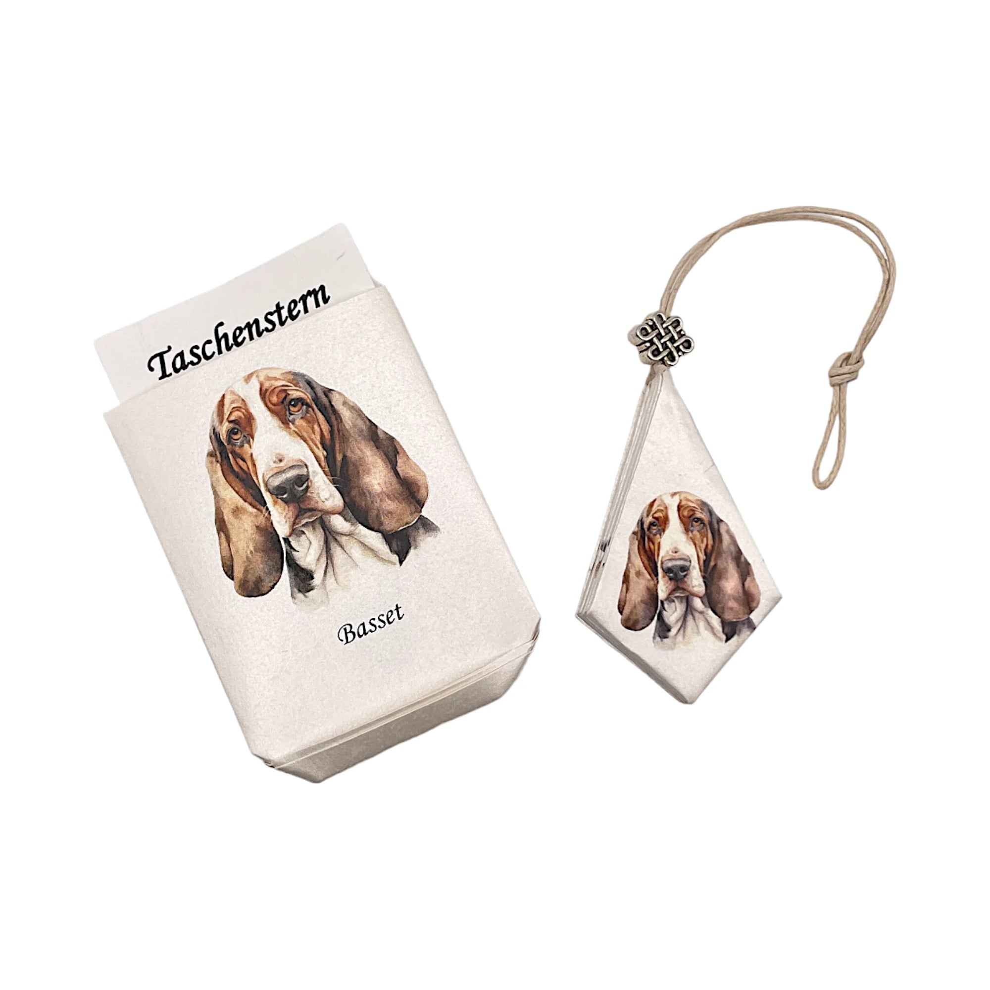 Faltstern-Taschenstern mit Basset-Motiv, zusammengelegt im passenden Etui