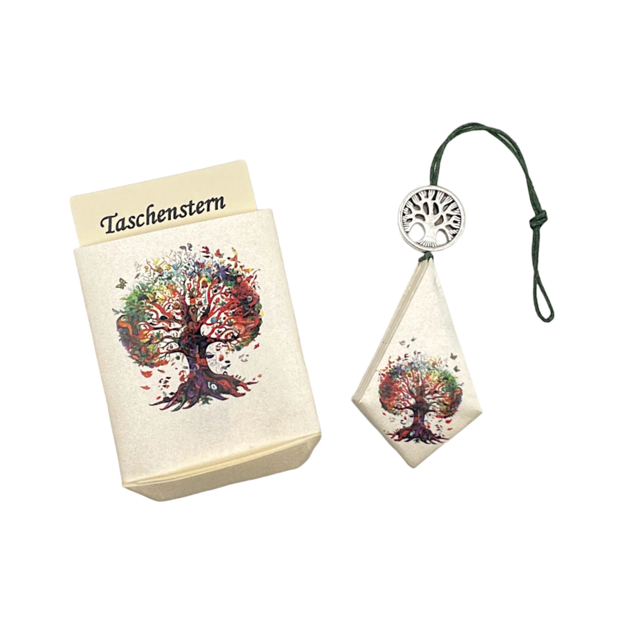 Faltstern-Taschenstern mit buntem Baum des Lebens, zusammengelegt im passenden Etui