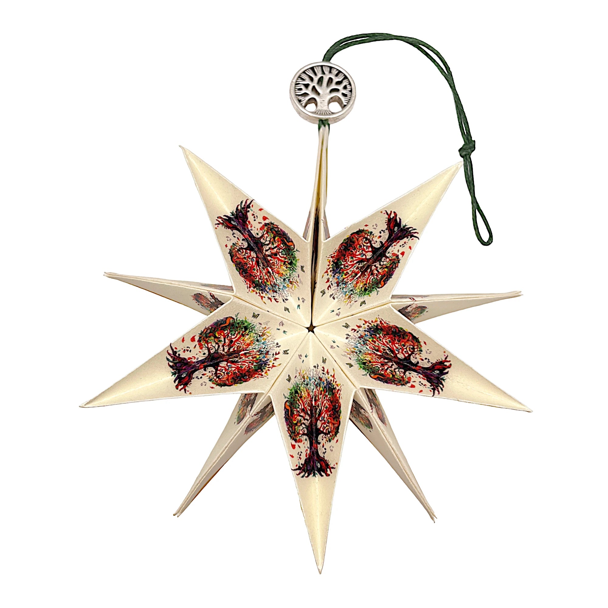 Handgefertigter Papierstern mit buntem Baum des Lebens, kunstvoll gefaltet