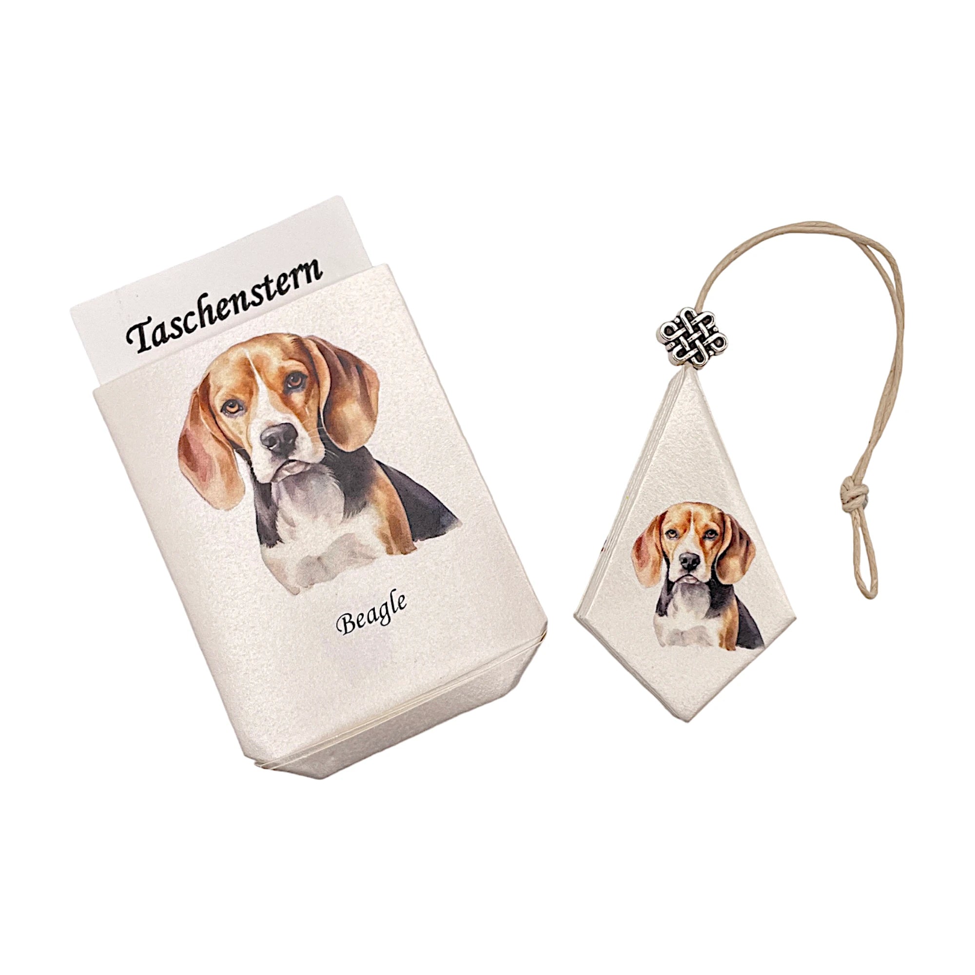 Faltstern-Taschenstern mit Beagle-Motiv, zusammengelegt im passenden Etui