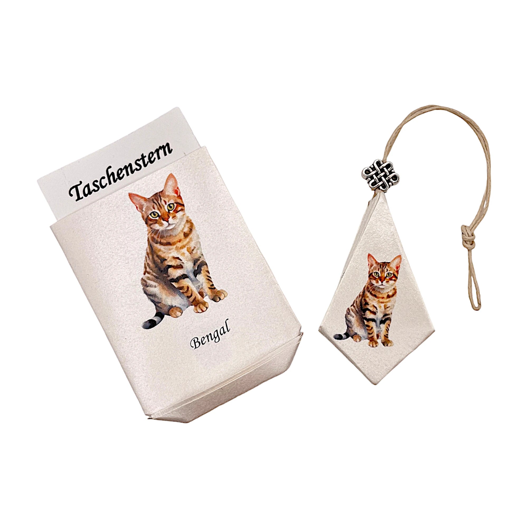 Faltstern-Taschenstern mit Bengal-Katzenmotiv, sicher im passenden Etui verpackt