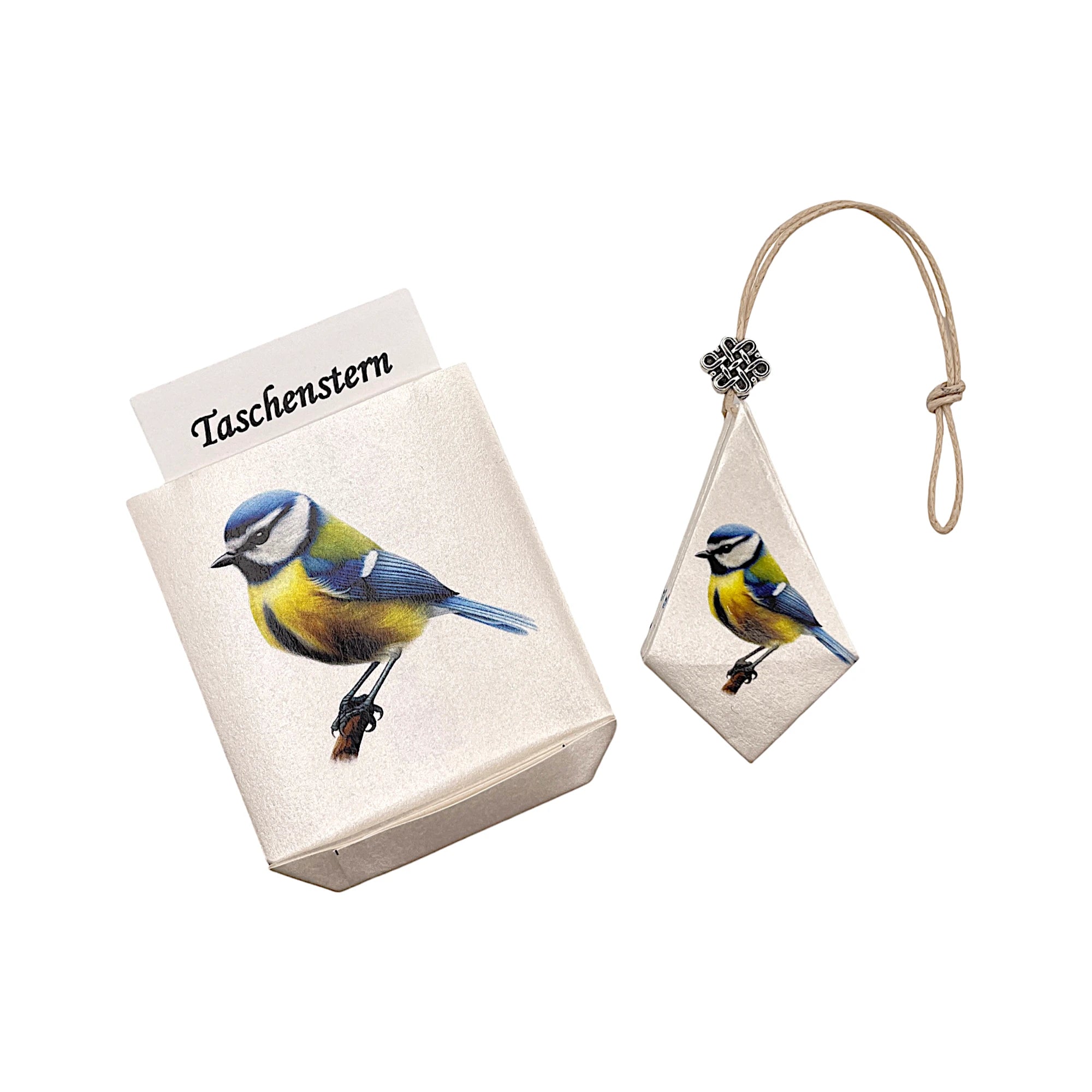 Papierstern Blaumeise, zusammengeklappt mit passendem Etui.