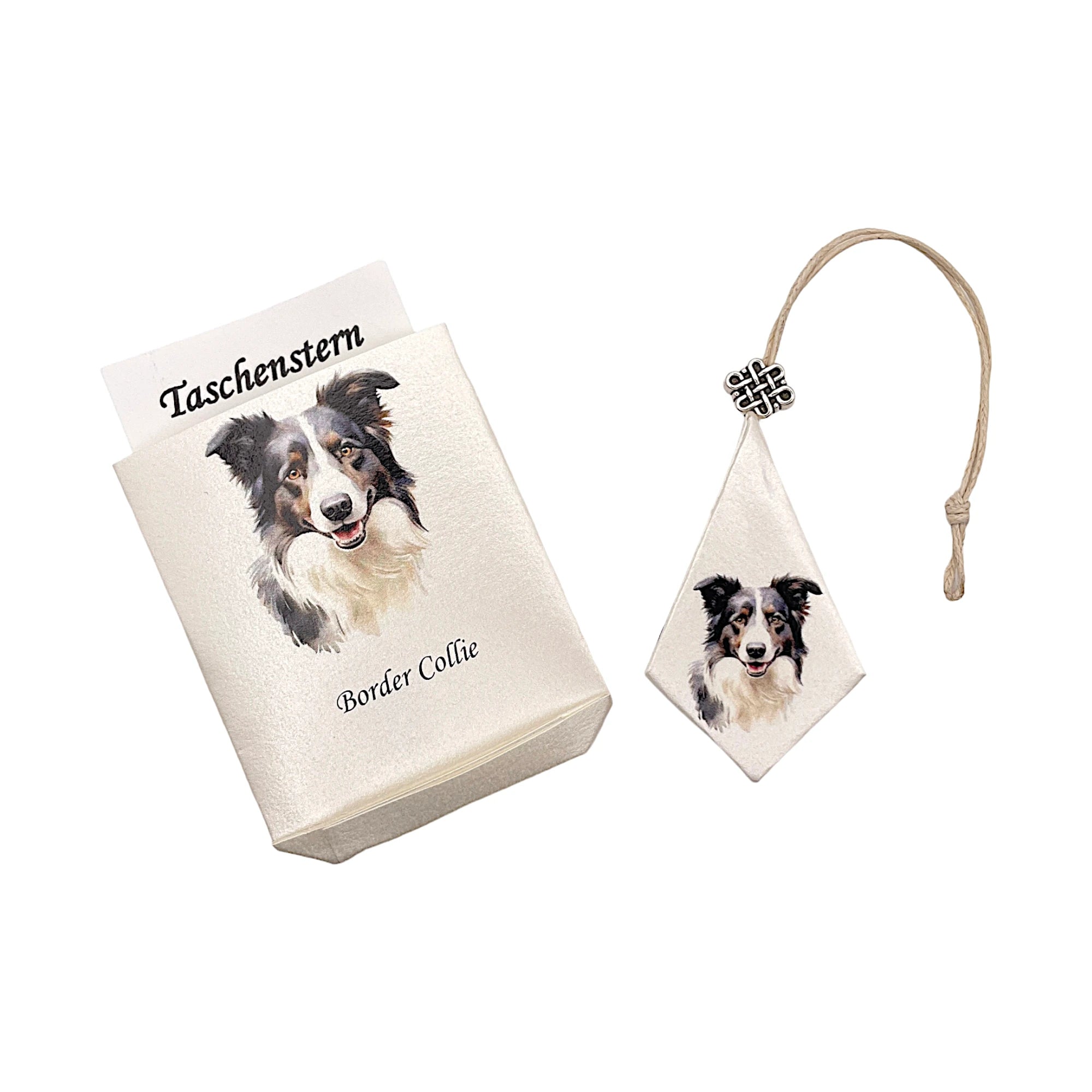 Faltstern-Taschenstern mit Border Collie-Motiv, zusammengelegt im passenden Etui