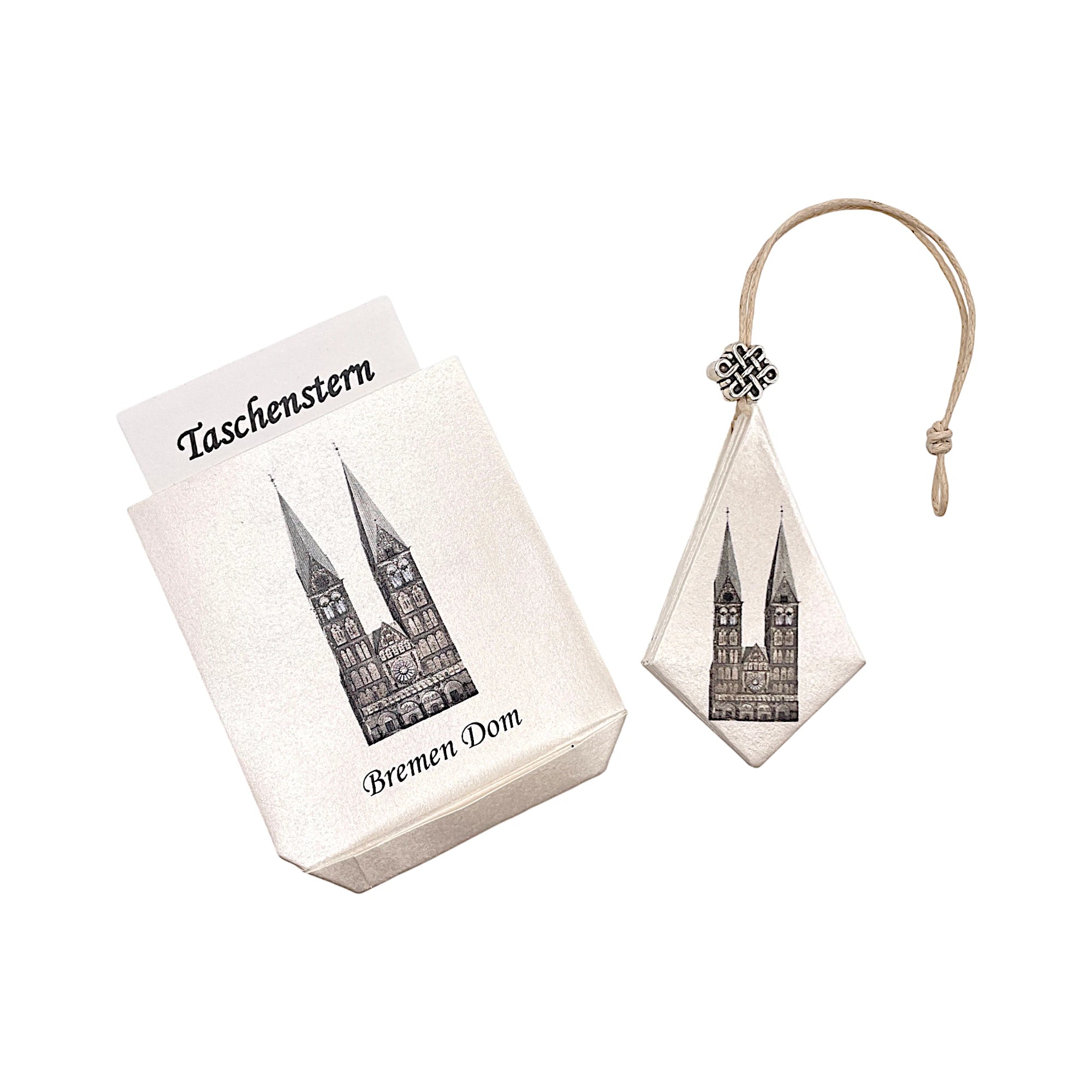Papierstern Bremen Dom – kompakt zusammengefaltet mit passendem Etui