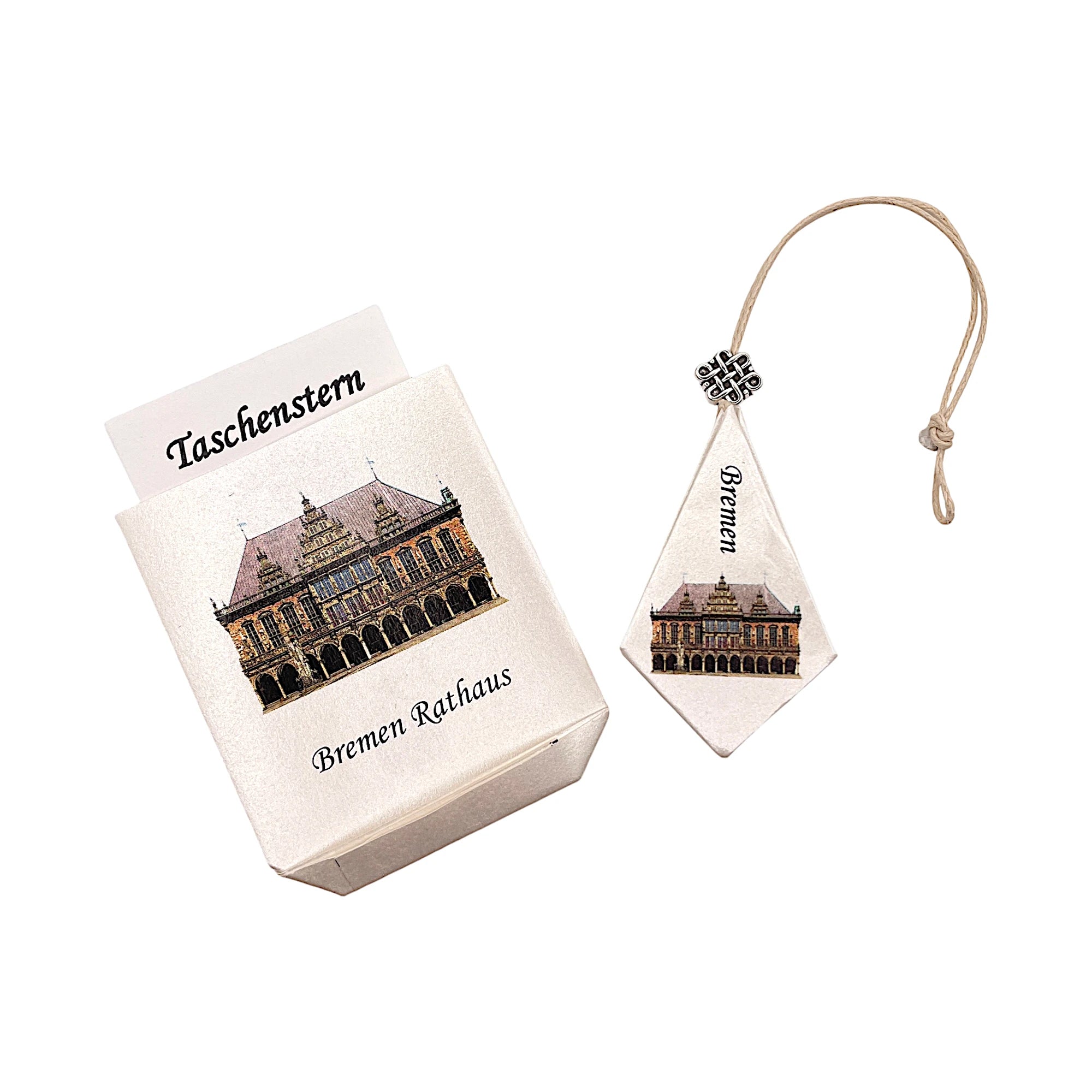 Papierstern Bremen Rathaus – kompakt zusammengefaltet mit passendem Etui