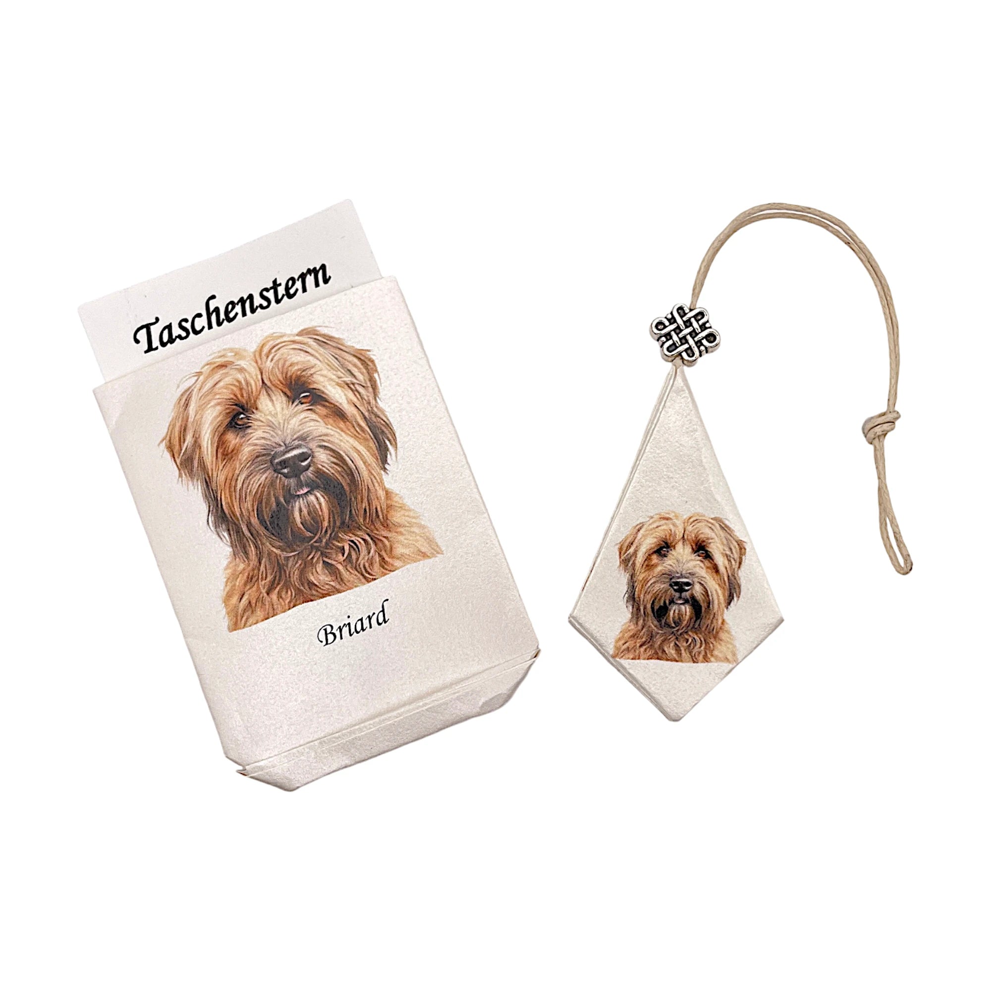 Faltstern-Taschenstern mit Briard-Hundemotiv, zusammengelegt im passenden Etui