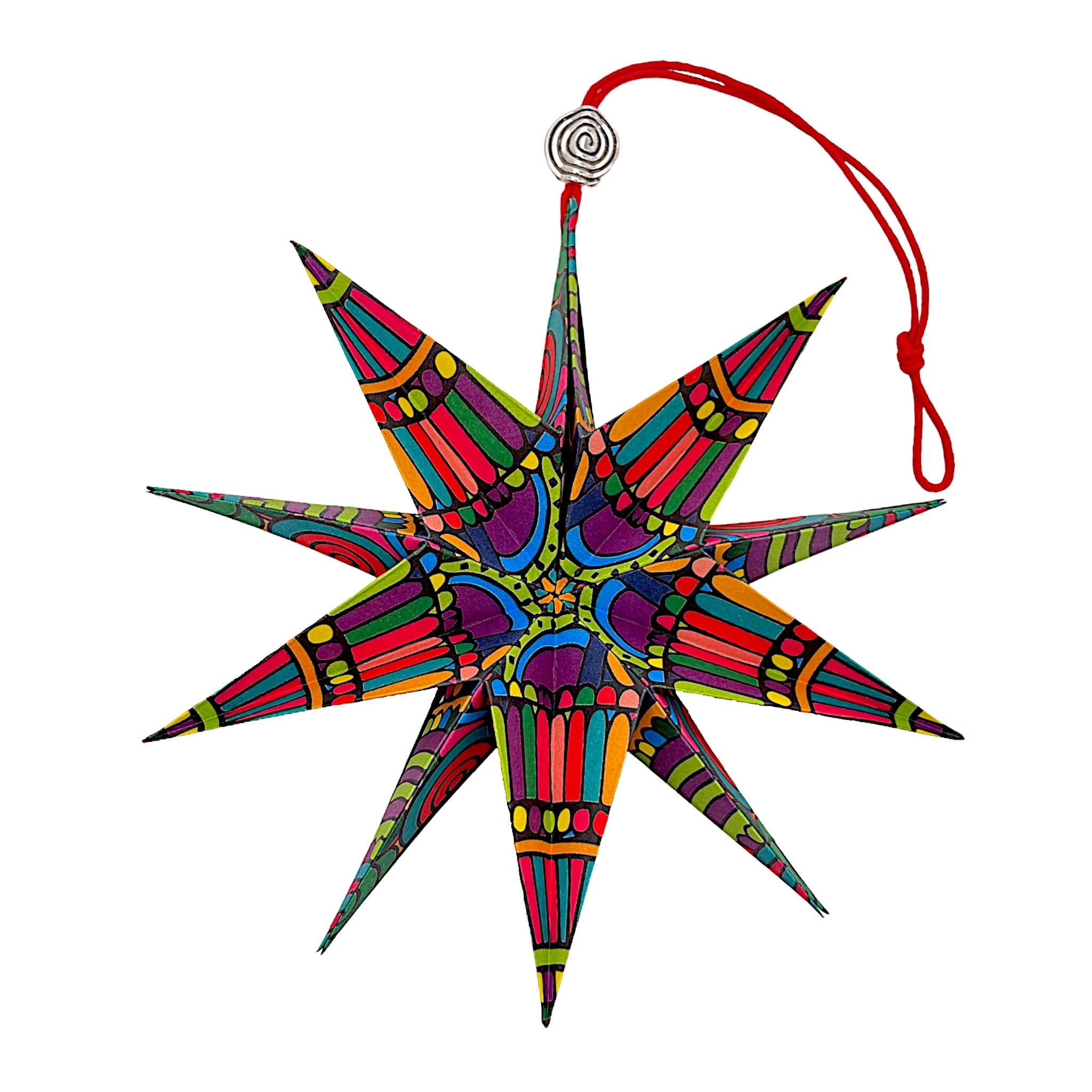 Zusammengelegter Papierstern im bunten Design, sicher im passenden Etui verpackt